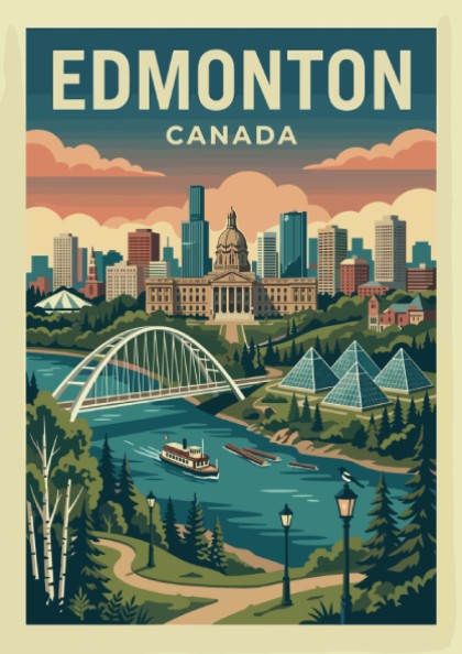 Edmonton skyline travel poster with retro art style, featuring the Alberta Legislature and Walterdale Bridge.