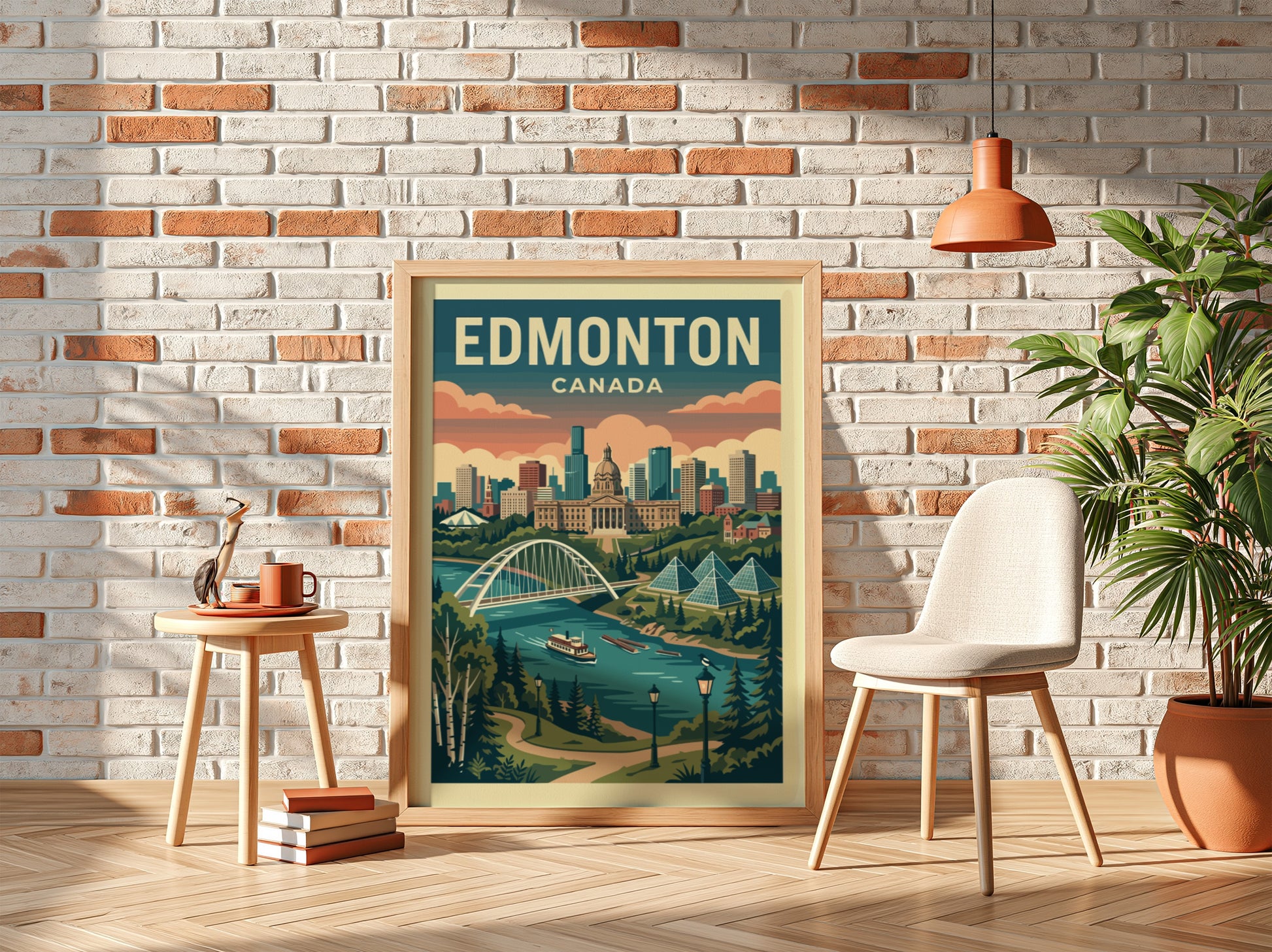 Edmonton skyline travel poster with retro art style, featuring the Alberta Legislature and Walterdale Bridge.