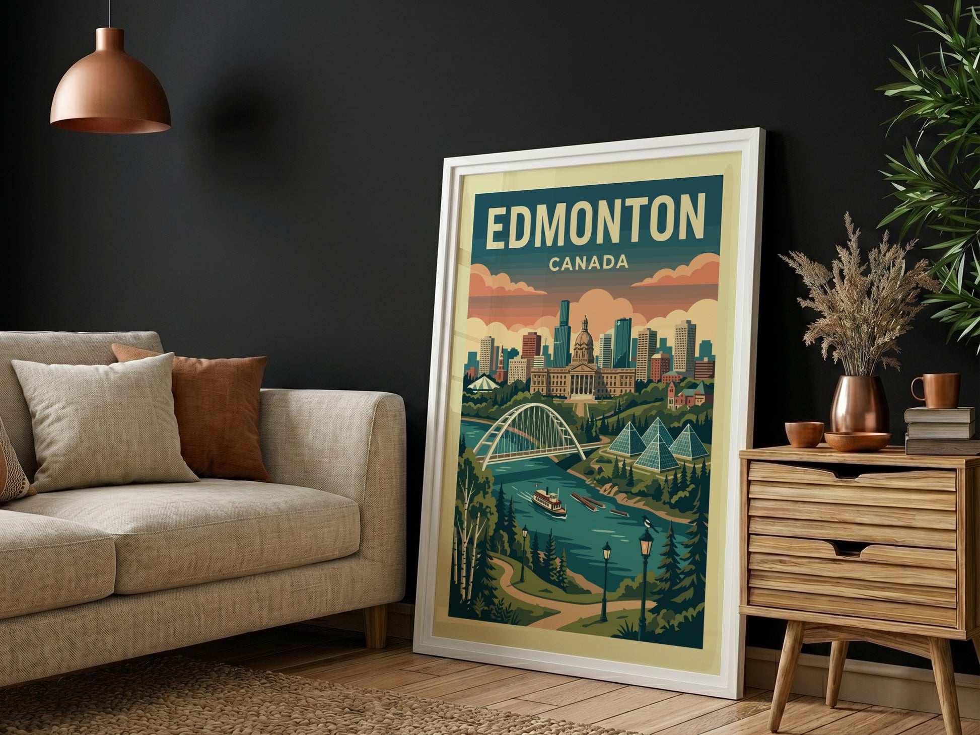 Edmonton skyline travel poster with retro art style, featuring the Alberta Legislature and Walterdale Bridge.