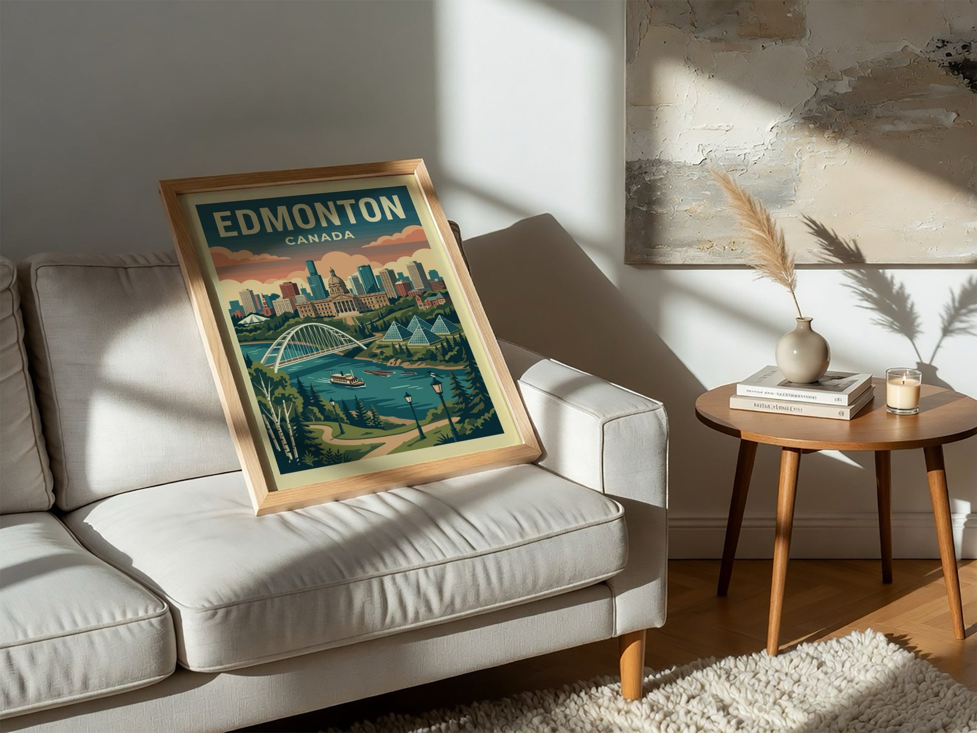 Edmonton skyline travel poster with retro art style, featuring the Alberta Legislature and Walterdale Bridge.