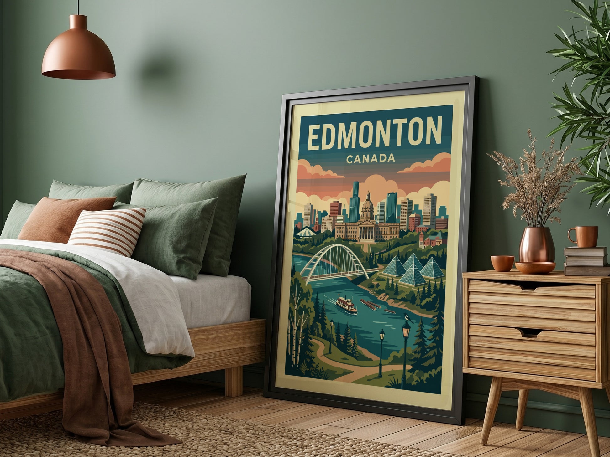 Edmonton skyline travel poster with retro art style, featuring the Alberta Legislature and Walterdale Bridge.