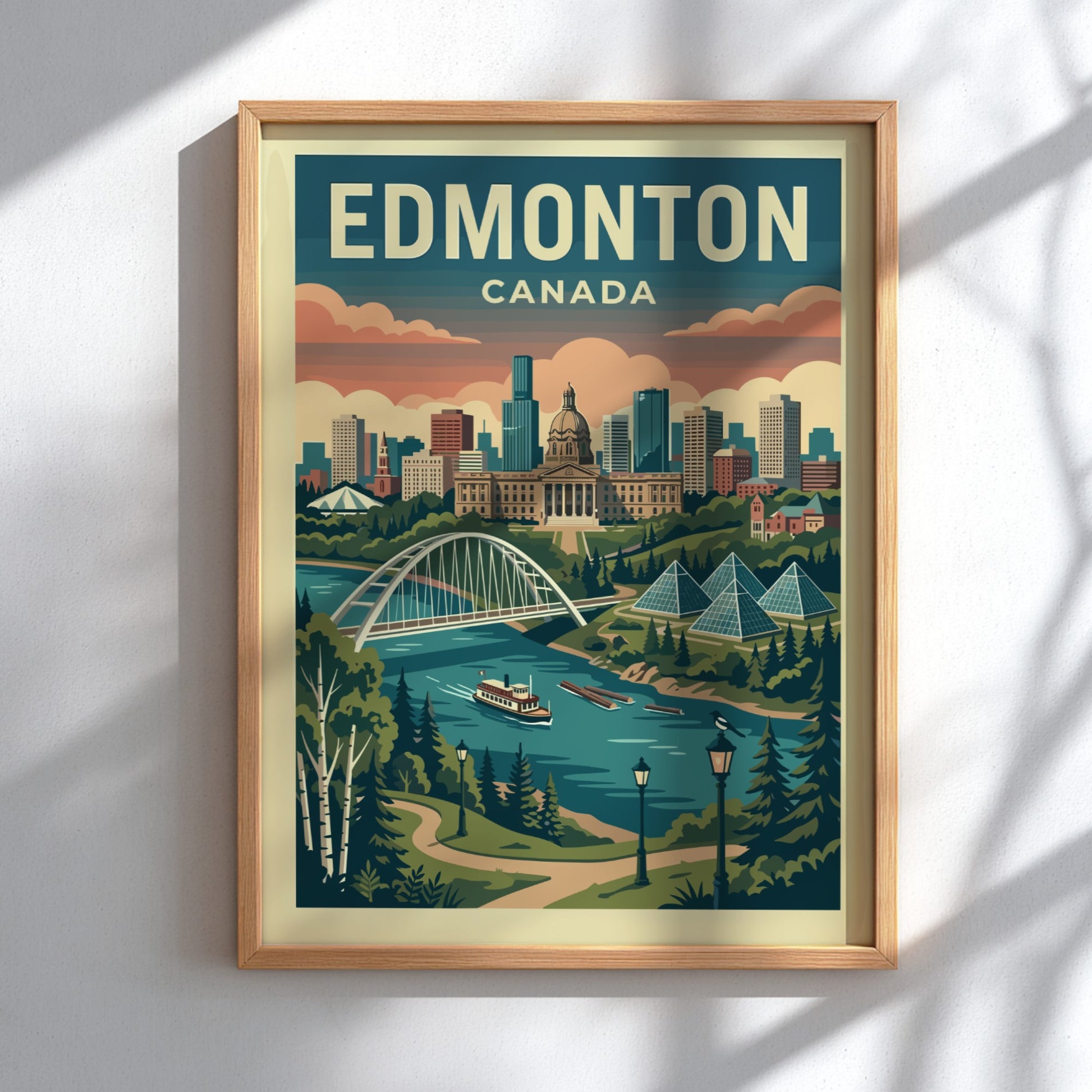 Edmonton skyline travel poster with retro art style, featuring the Alberta Legislature and Walterdale Bridge.