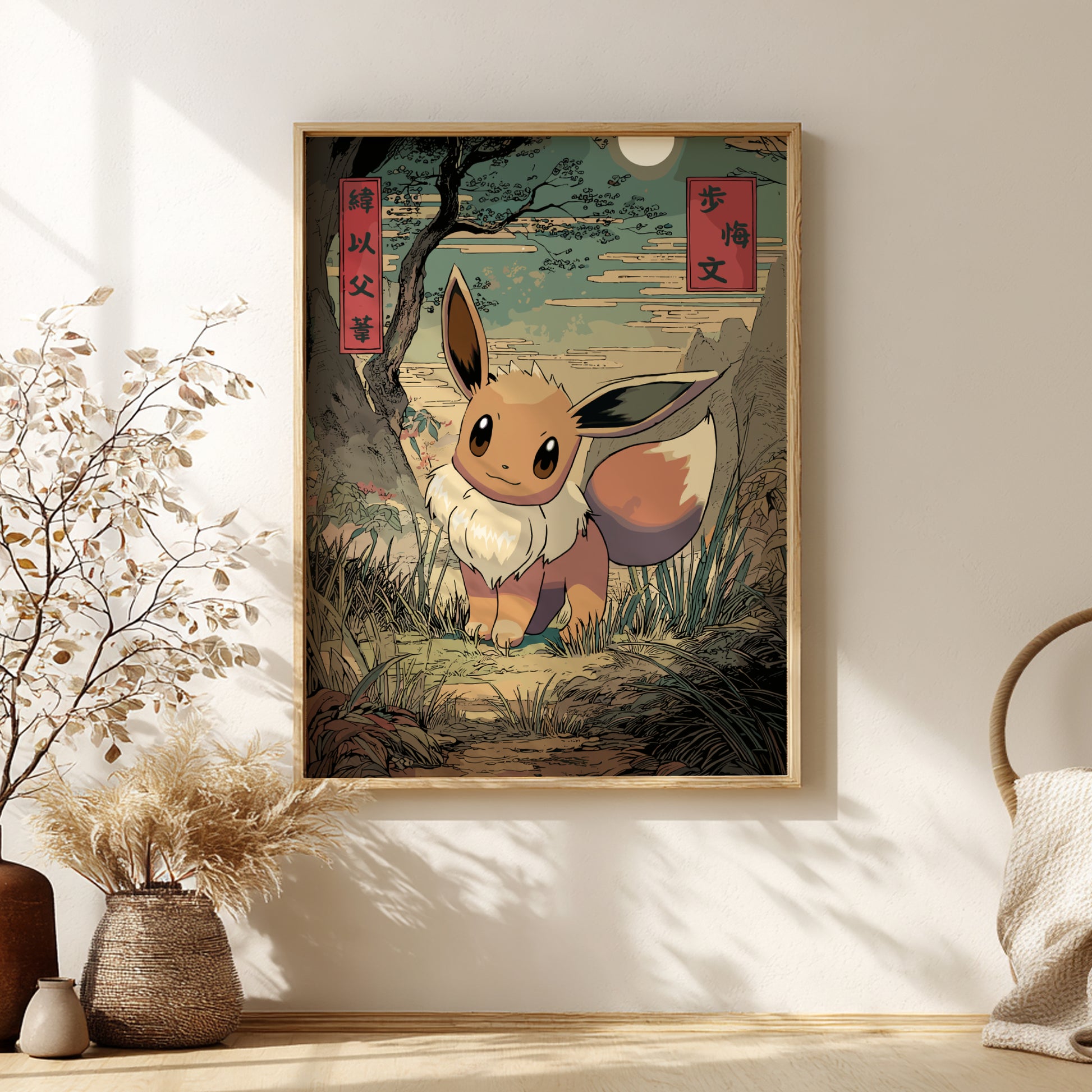 Framed artwork of Eevee Pokemon character in a natural setting on a wall with decorative elements.