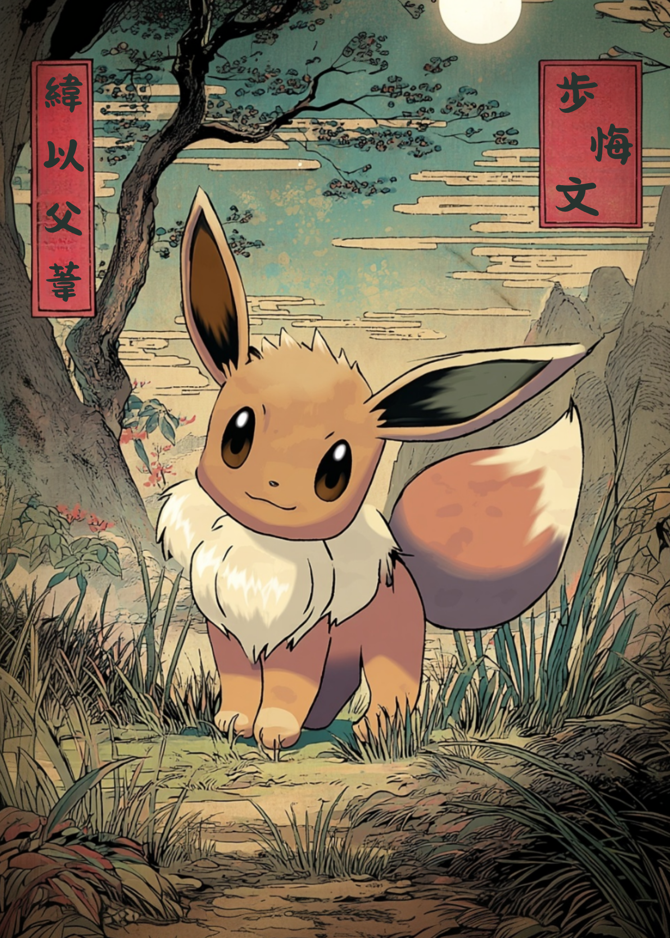 Eevee Pokemon character in a forest setting with traditional Japanese elements