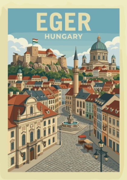 Vintage Eger Hungary travel poster featuring a cityscape with a castle and historic buildings in warm colors.