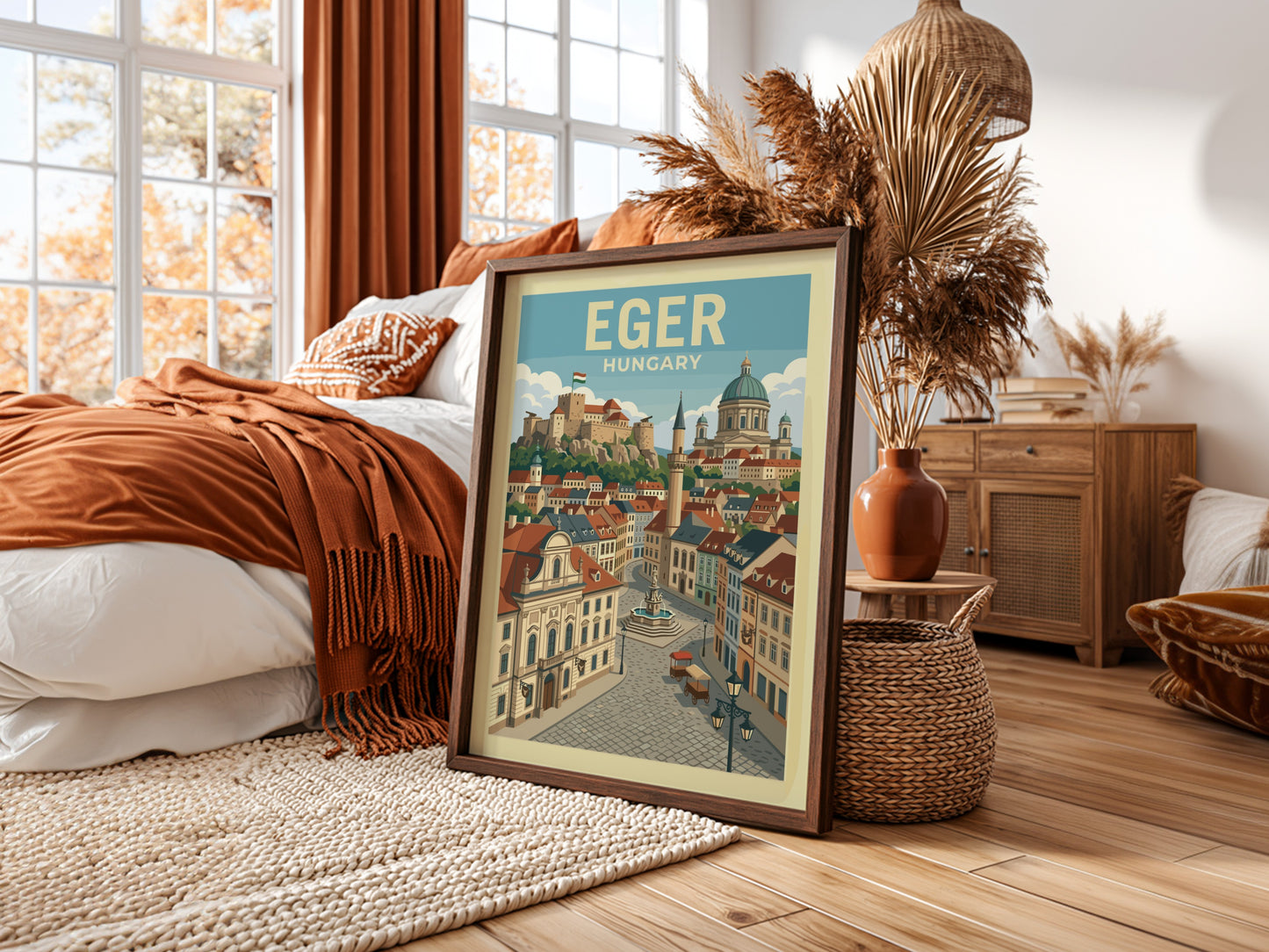 Vintage Eger Hungary travel poster featuring a cityscape with a castle and historic buildings in warm colors.