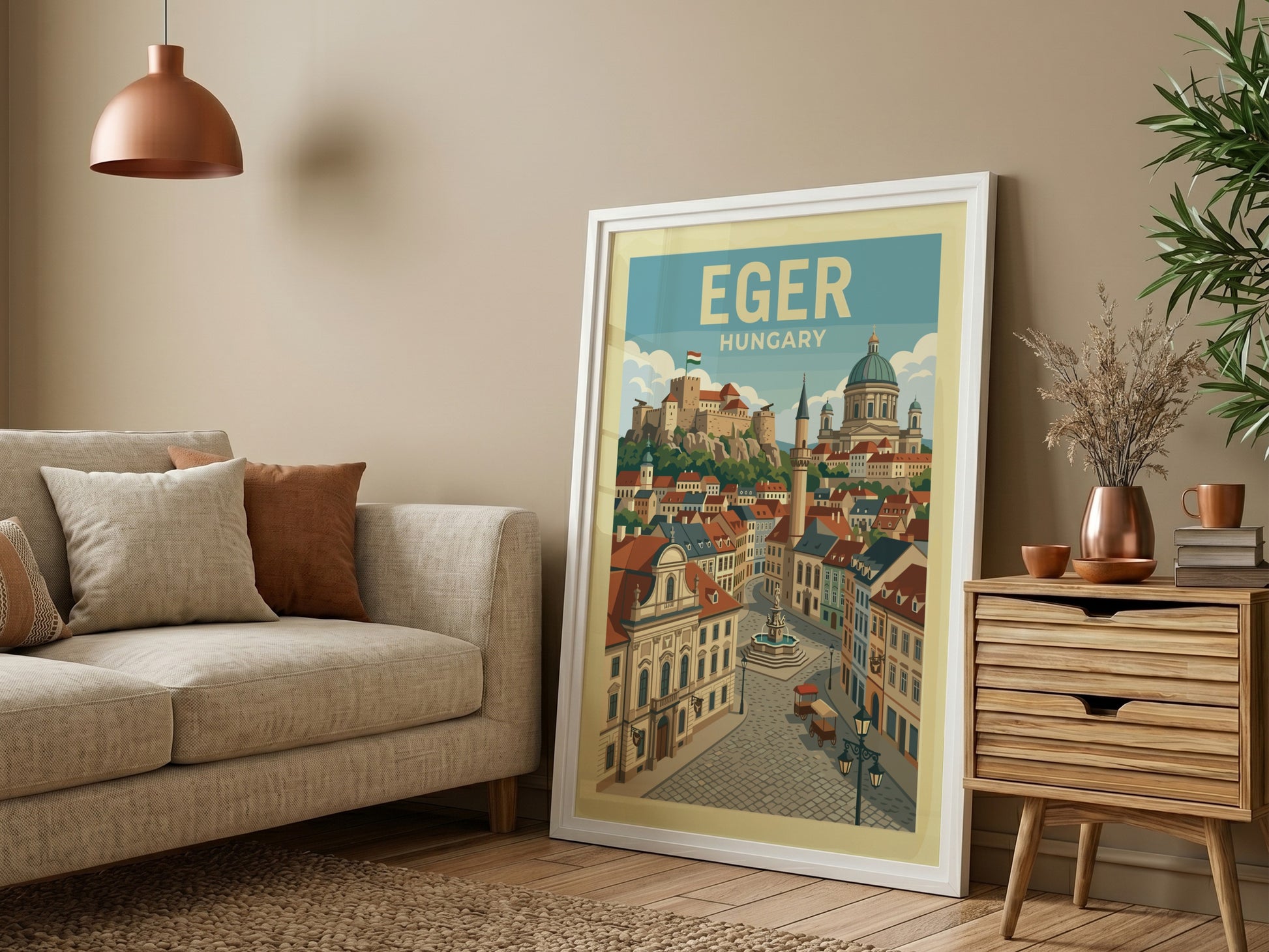 Vintage Eger Hungary travel poster featuring a cityscape with a castle and historic buildings in warm colors.
