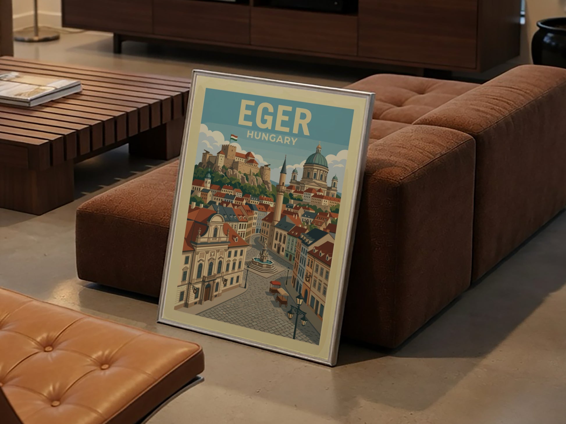 Vintage Eger Hungary travel poster featuring a cityscape with a castle and historic buildings in warm colors.