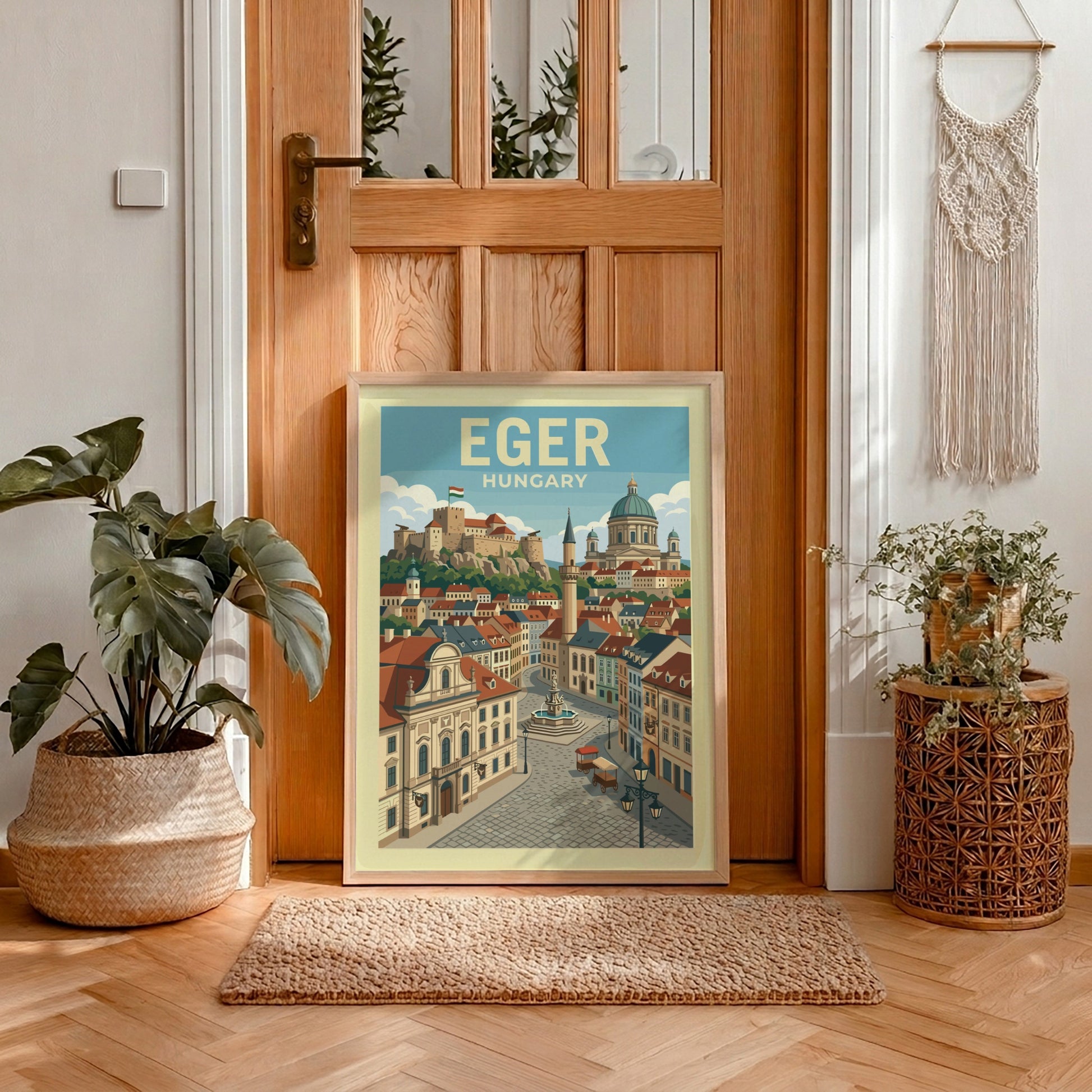 Vintage Eger Hungary travel poster featuring a cityscape with a castle and historic buildings in warm colors.