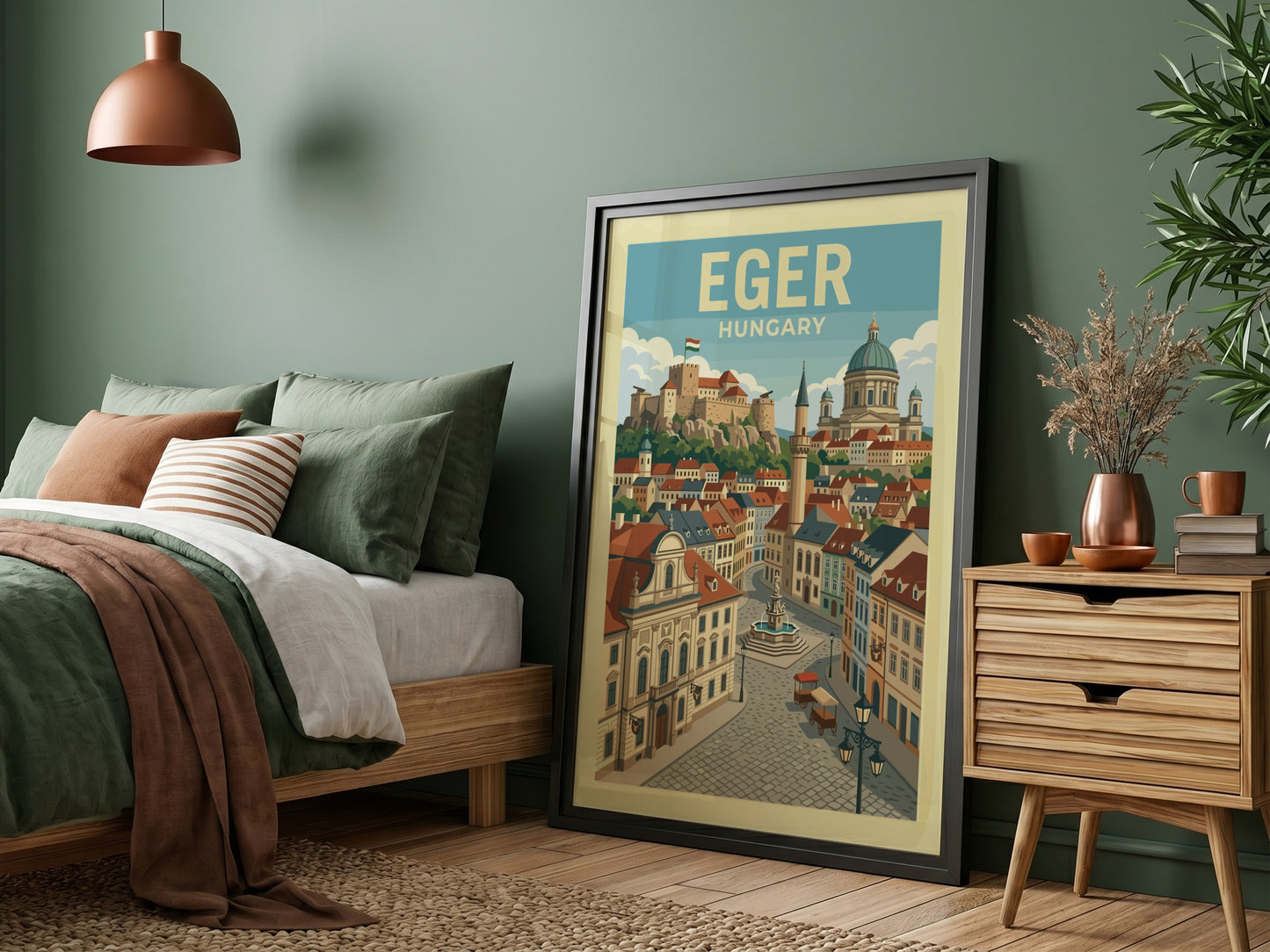Vintage Eger Hungary travel poster featuring a cityscape with a castle and historic buildings in warm colors.
