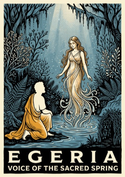 Poster featuring Egeria as a water nymph in a blue and gold forest.