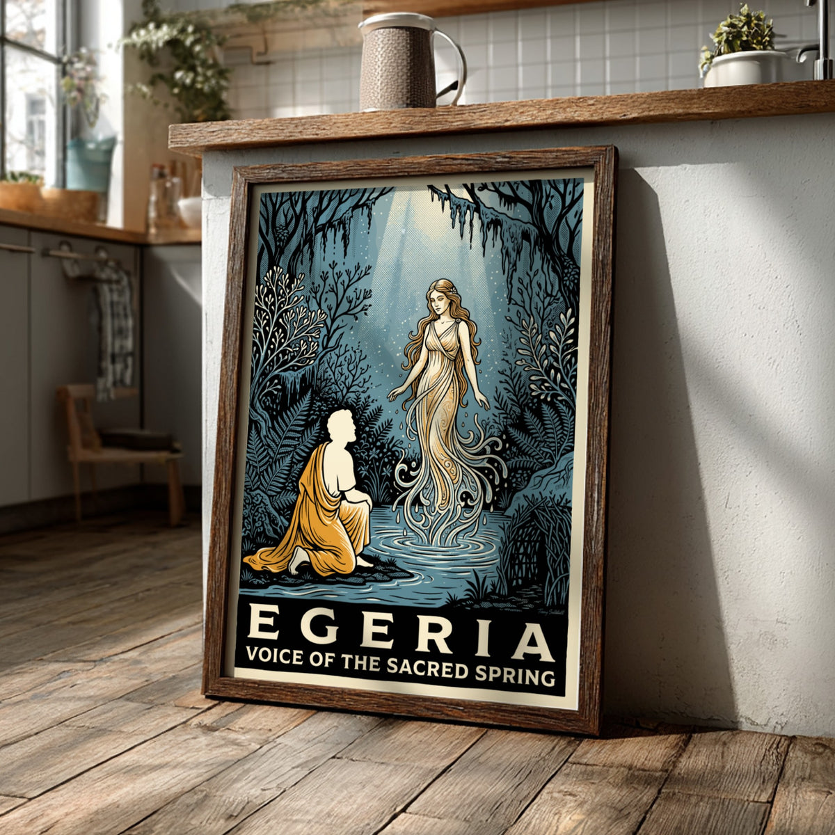 Poster featuring Egeria as a water nymph in a blue and gold forest.