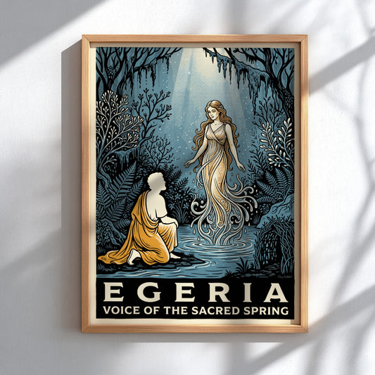 Poster featuring Egeria as a water nymph in a blue and gold forest.