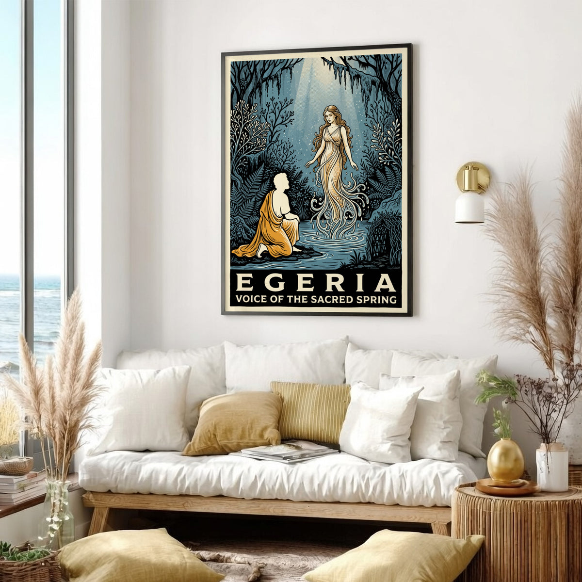 Poster featuring Egeria as a water nymph in a blue and gold forest.