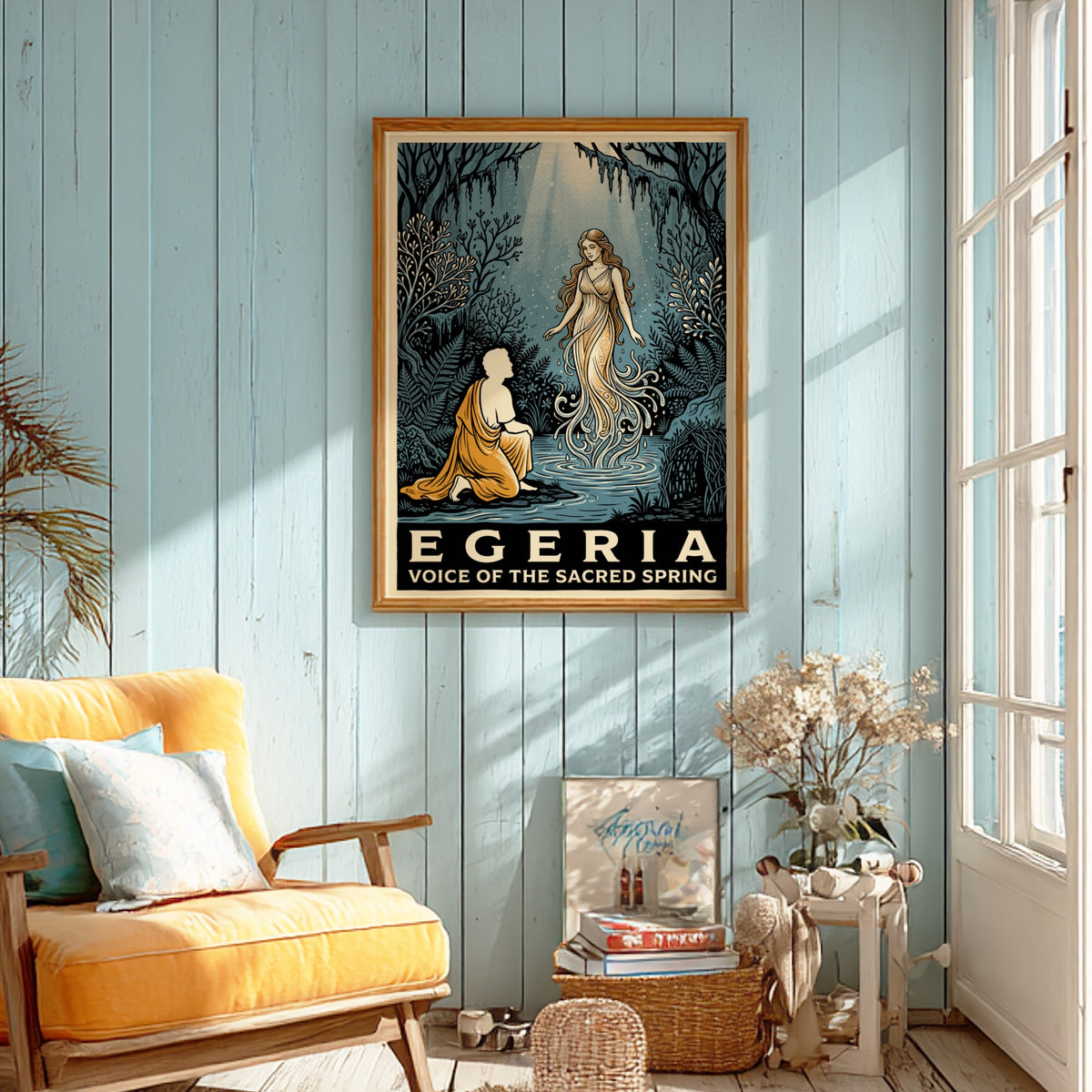 Poster featuring Egeria as a water nymph in a blue and gold forest.