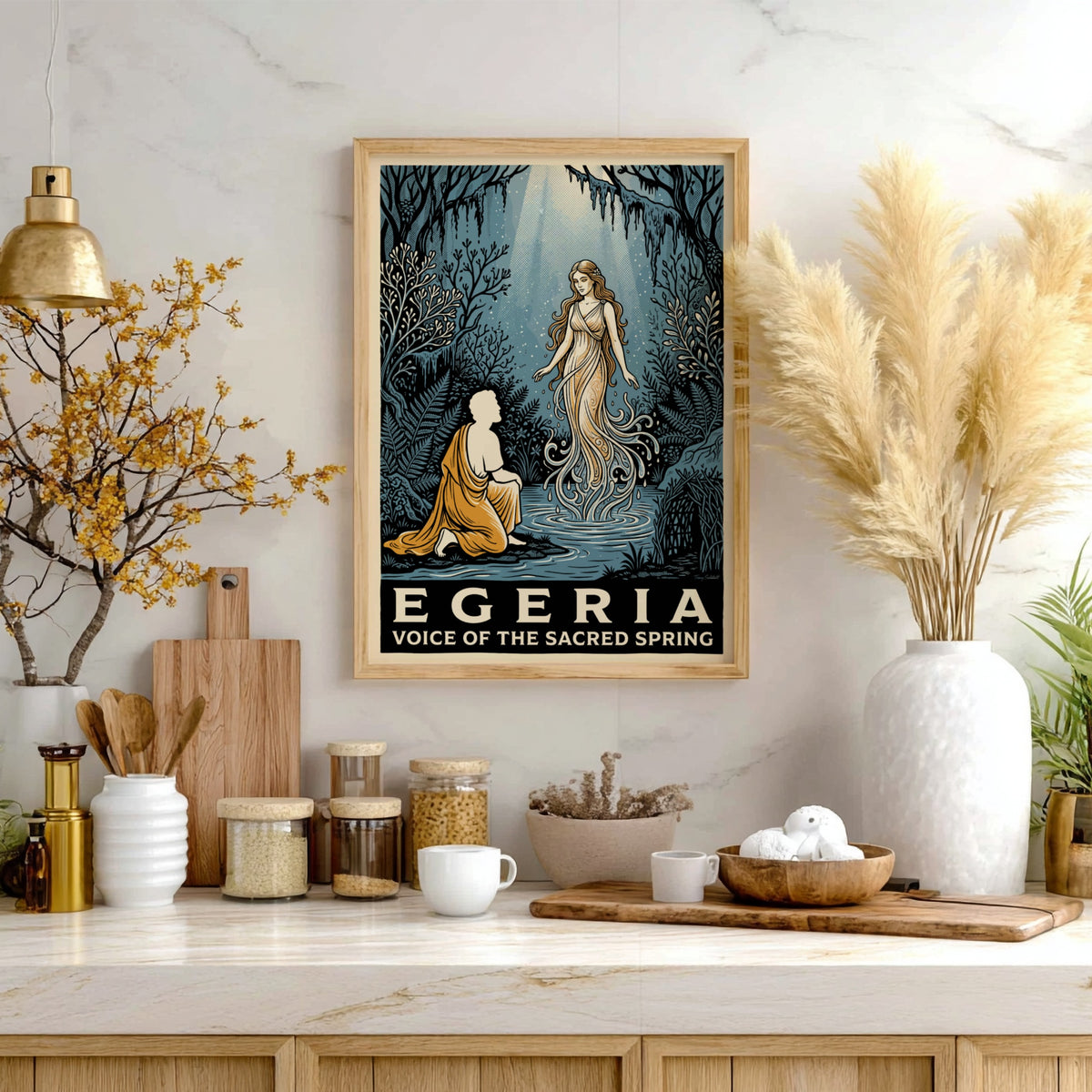 Poster featuring Egeria as a water nymph in a blue and gold forest.