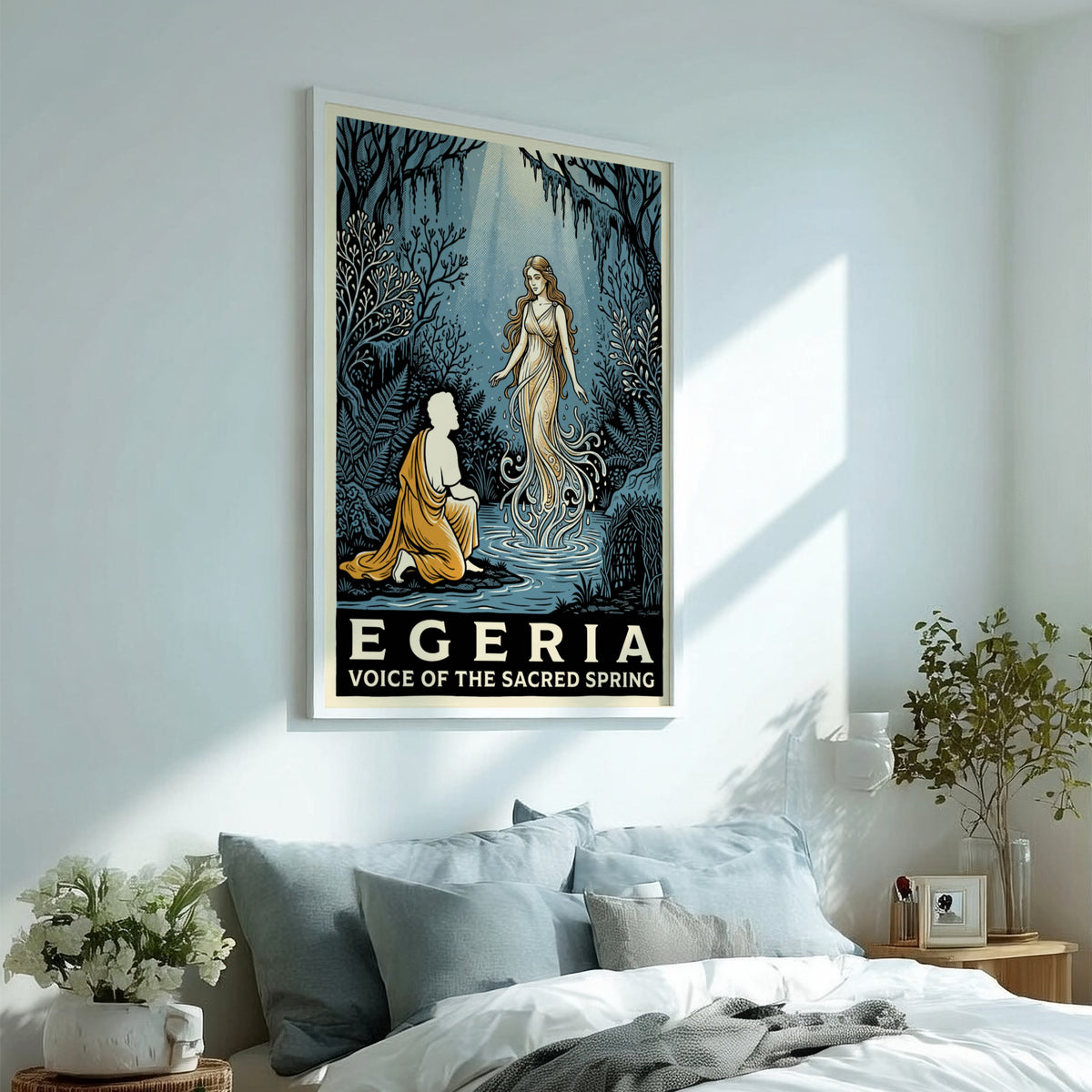 Poster featuring Egeria as a water nymph in a blue and gold forest.