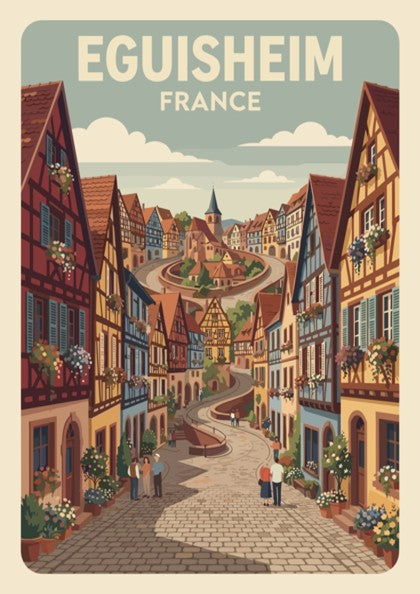 Travel poster of Eguisheim France featuring timber-framed houses and cobblestone streets in autumn
