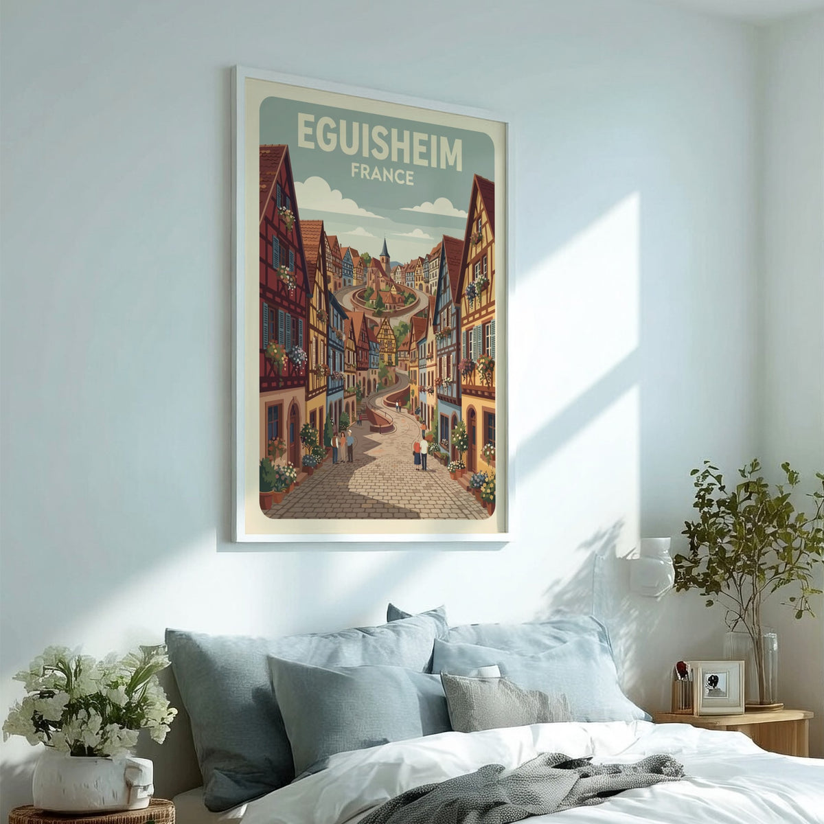 Travel poster of Eguisheim France featuring timber-framed houses and cobblestone streets in autumn