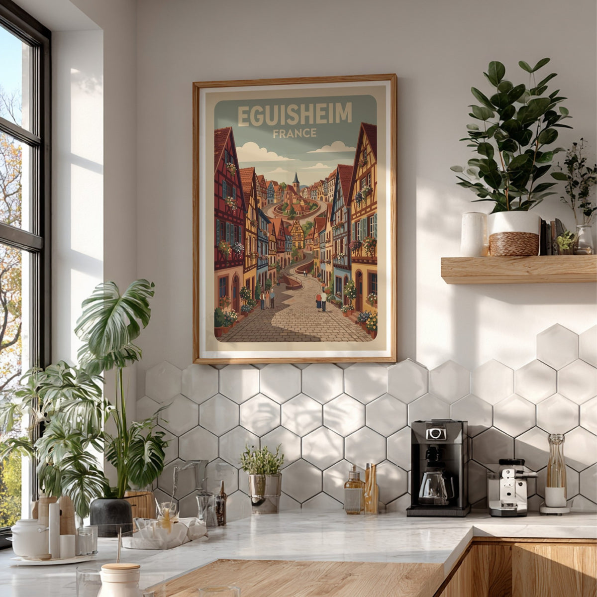 Travel poster of Eguisheim France featuring timber-framed houses and cobblestone streets in autumn
