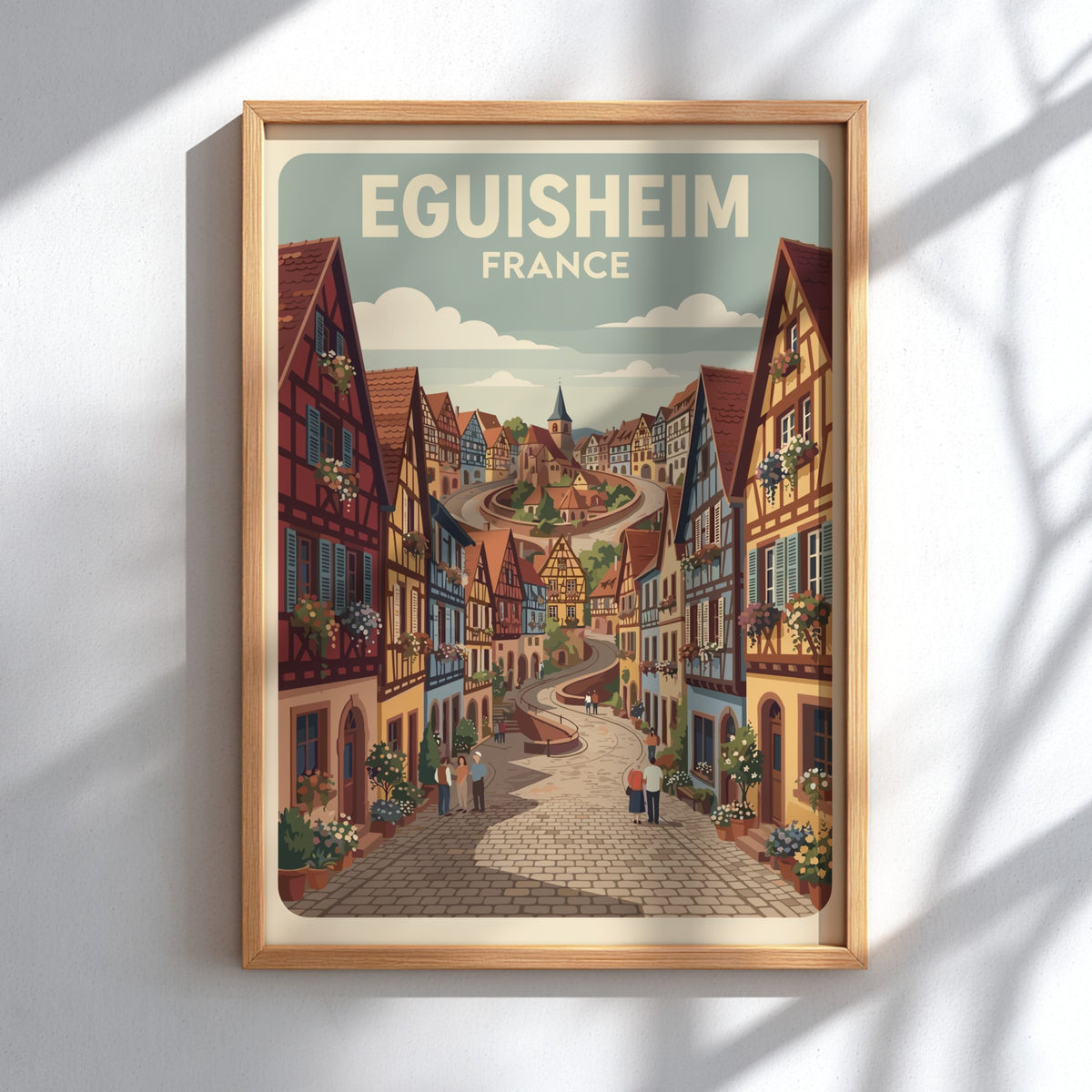 Travel poster of Eguisheim France featuring timber-framed houses and cobblestone streets in autumn