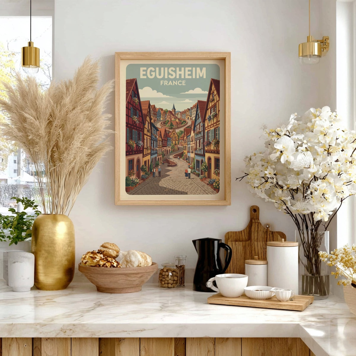 Travel poster of Eguisheim France featuring timber-framed houses and cobblestone streets in autumn