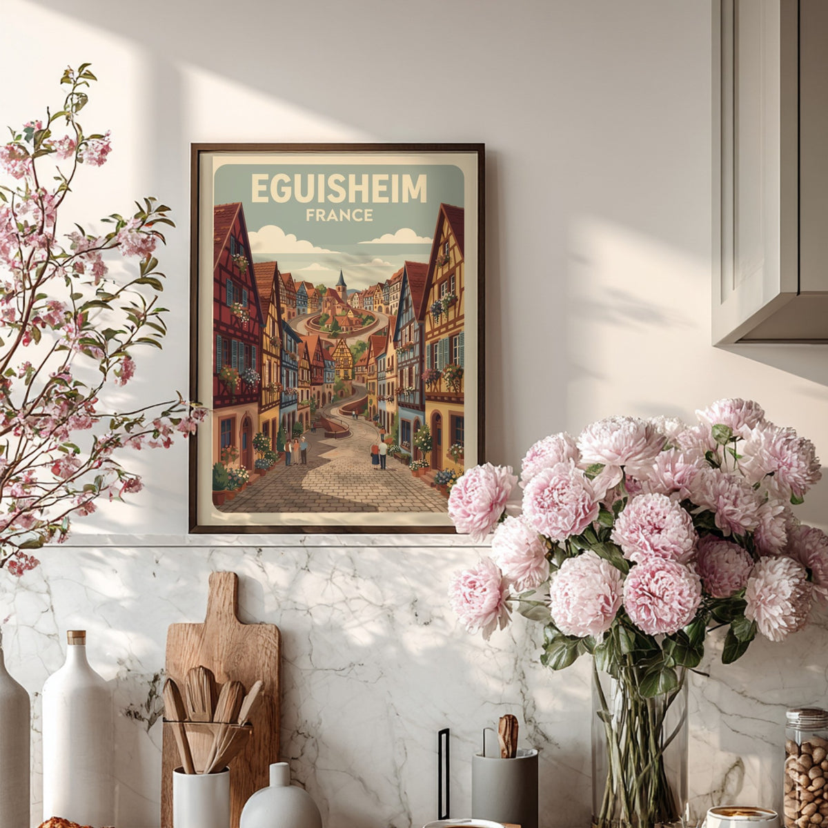 Travel poster of Eguisheim France featuring timber-framed houses and cobblestone streets in autumn
