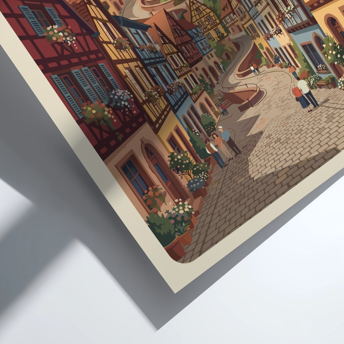 Travel poster of Eguisheim France featuring timber-framed houses and cobblestone streets in autumn