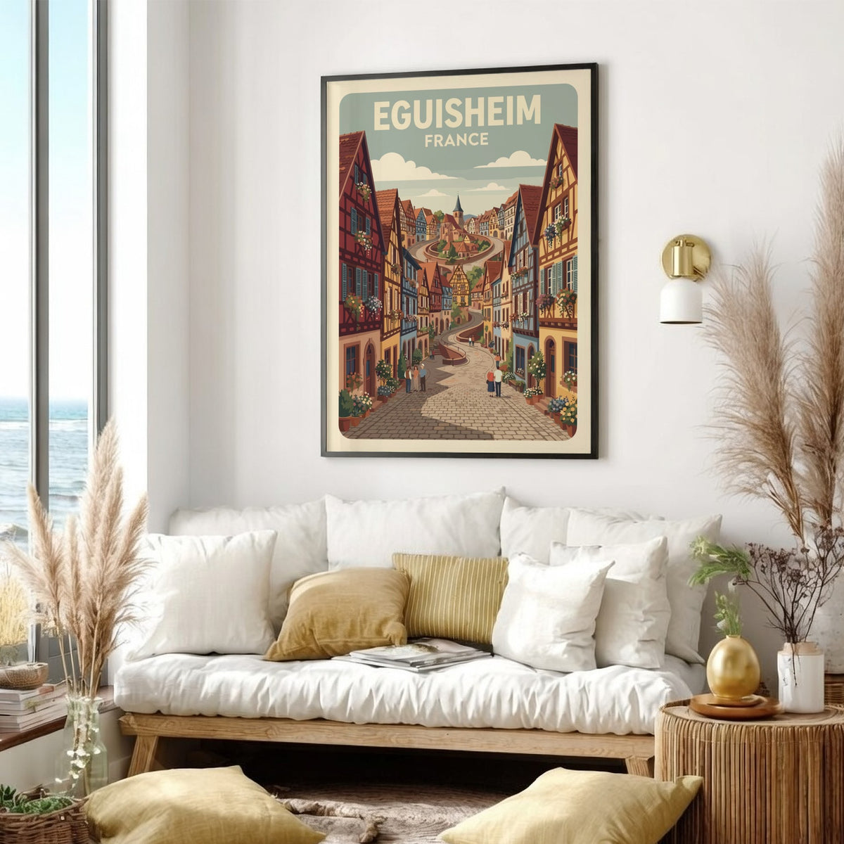 Travel poster of Eguisheim France featuring timber-framed houses and cobblestone streets in autumn
