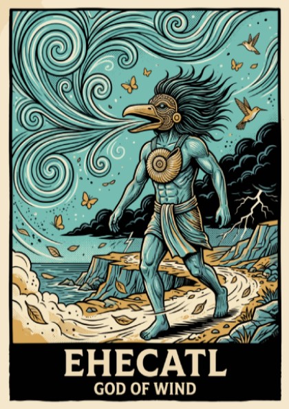 Poster of Ehecatl God of Wind with blue skin, bird mask, and swirling breeze.