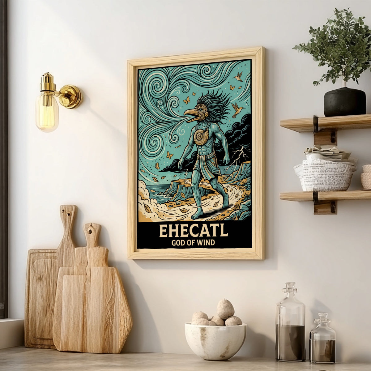 Poster of Ehecatl God of Wind with blue skin, bird mask, and swirling breeze.