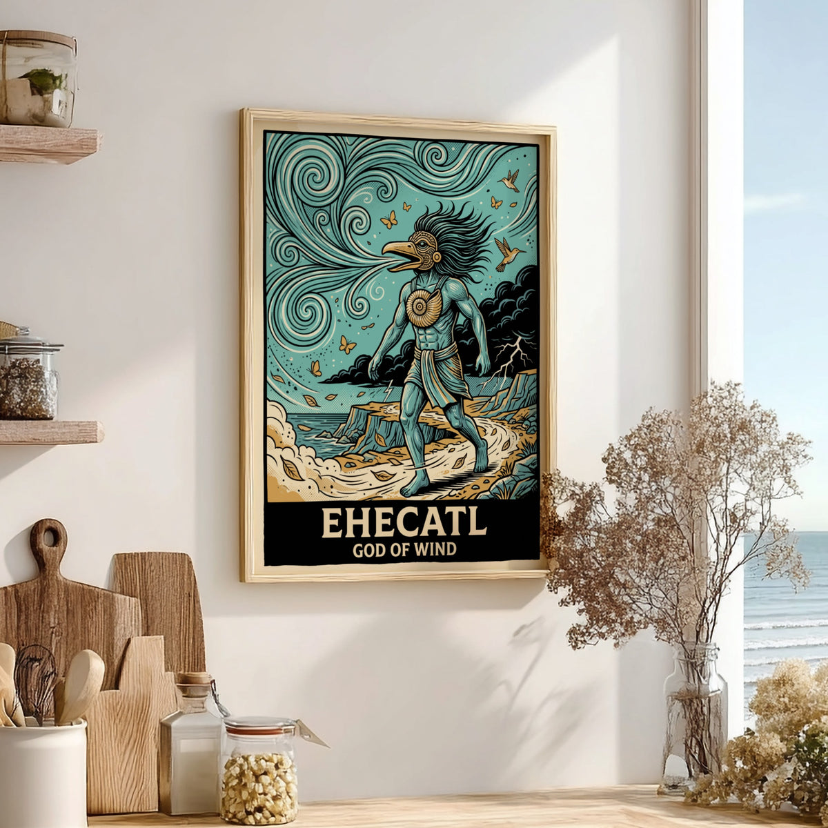Poster of Ehecatl God of Wind with blue skin, bird mask, and swirling breeze.