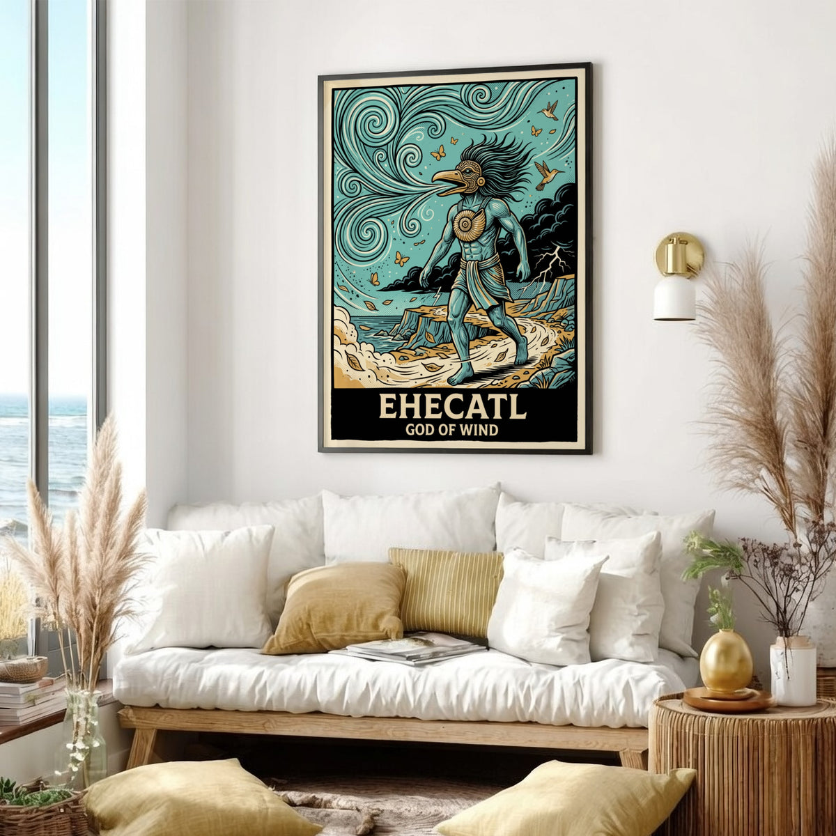 Poster of Ehecatl God of Wind with blue skin, bird mask, and swirling breeze.