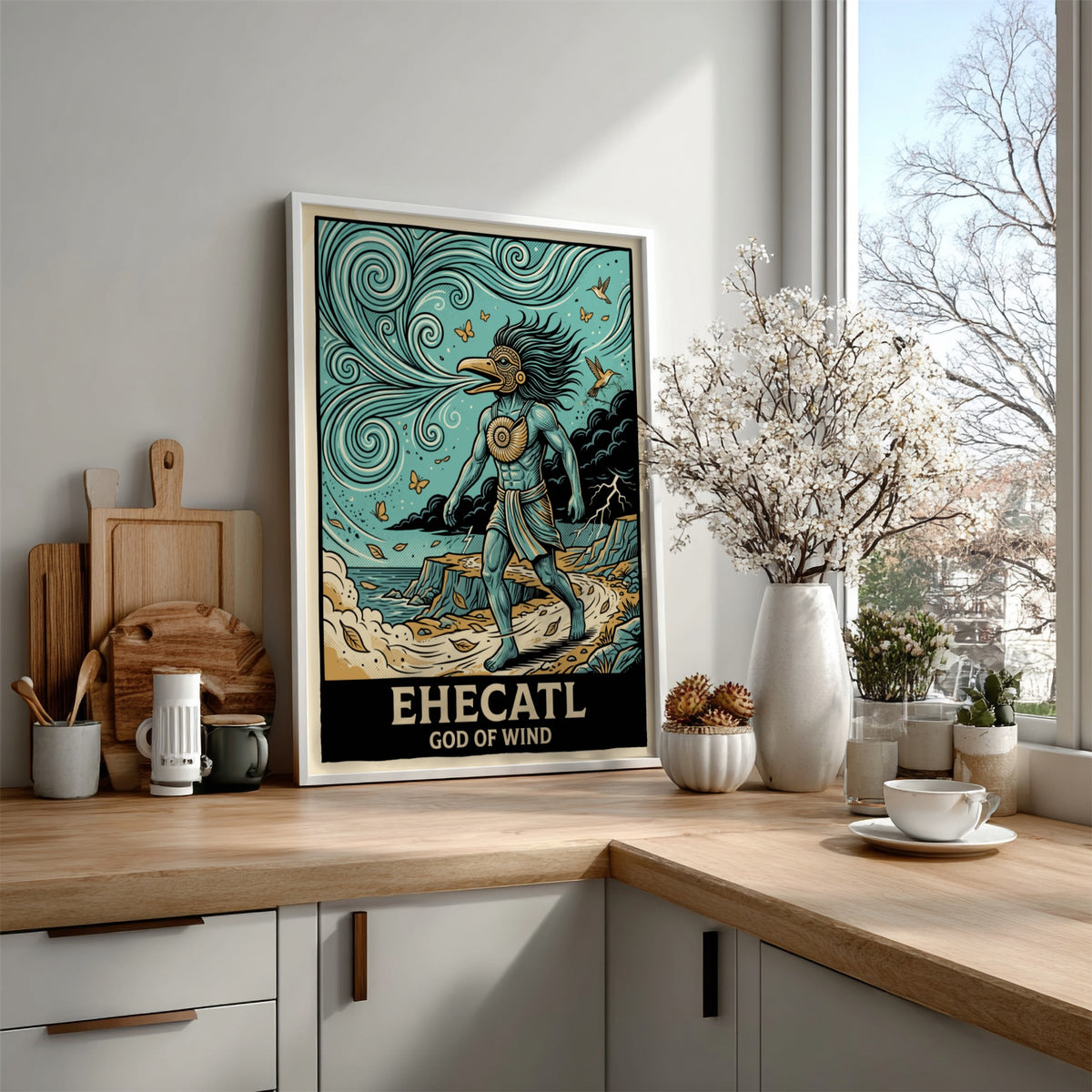 Poster of Ehecatl God of Wind with blue skin, bird mask, and swirling breeze.
