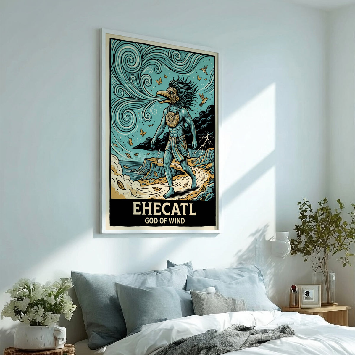 Poster of Ehecatl God of Wind with blue skin, bird mask, and swirling breeze.