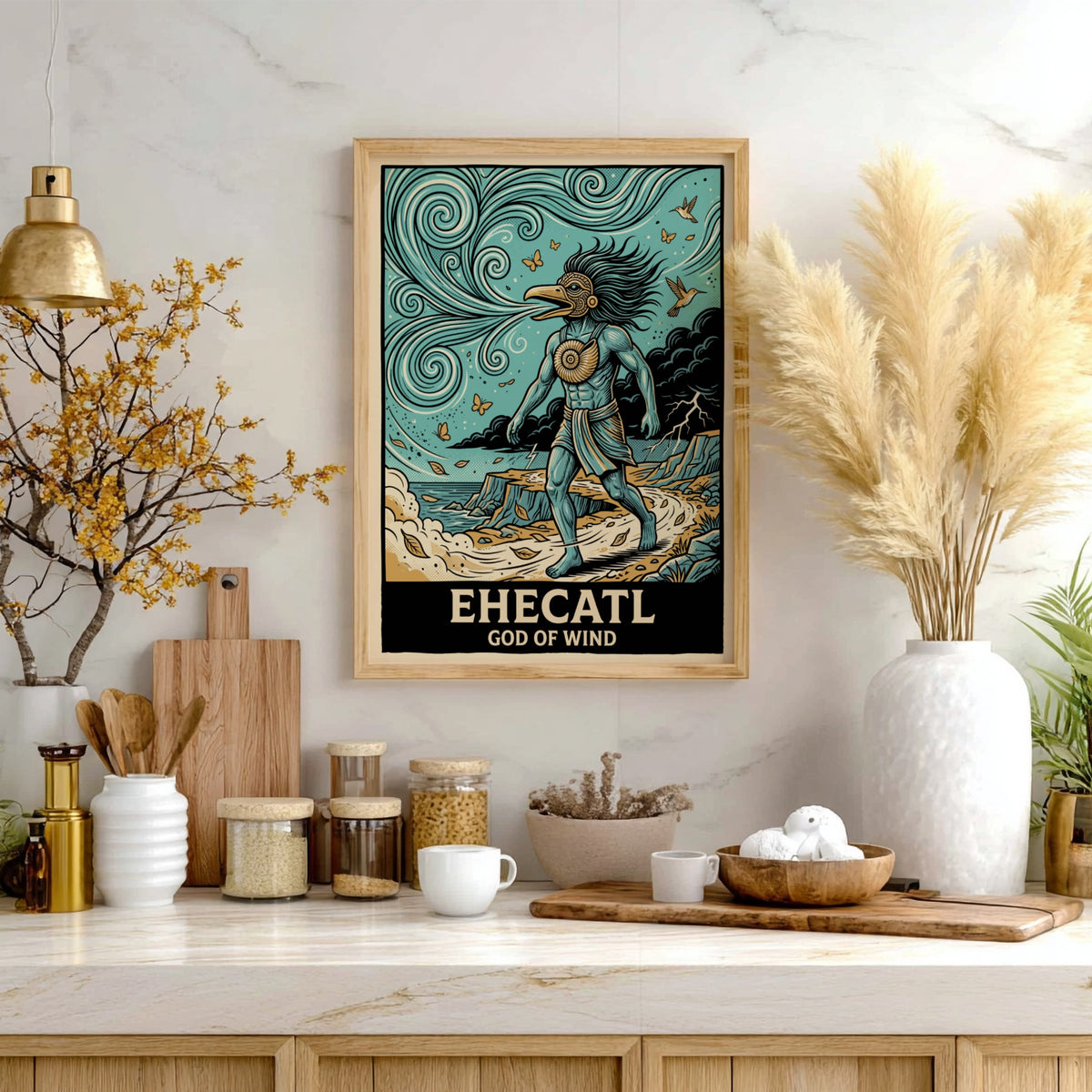 Poster of Ehecatl God of Wind with blue skin, bird mask, and swirling breeze.