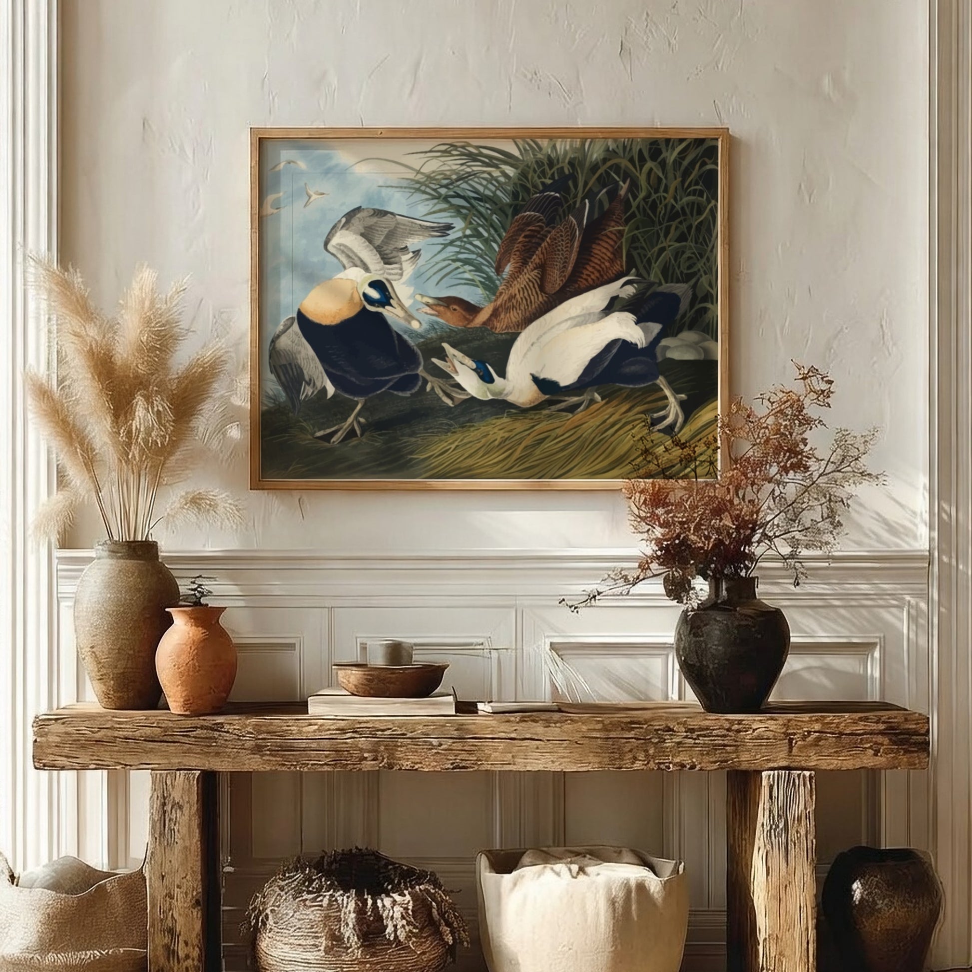 Eider Duck art poster featuring detailed birds in natural colors, perfect for nature-themed wall decor.