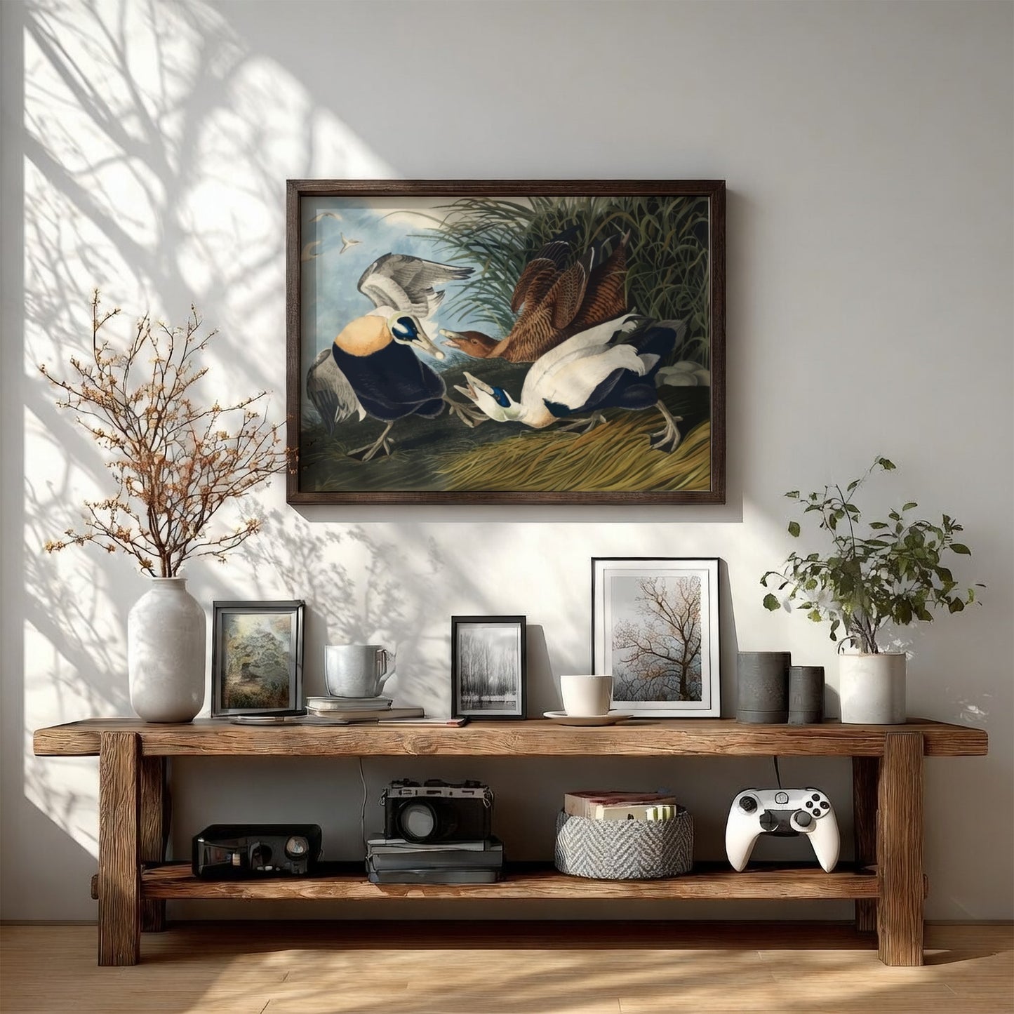 Eider Duck art poster featuring detailed birds in natural colors, perfect for nature-themed wall decor.