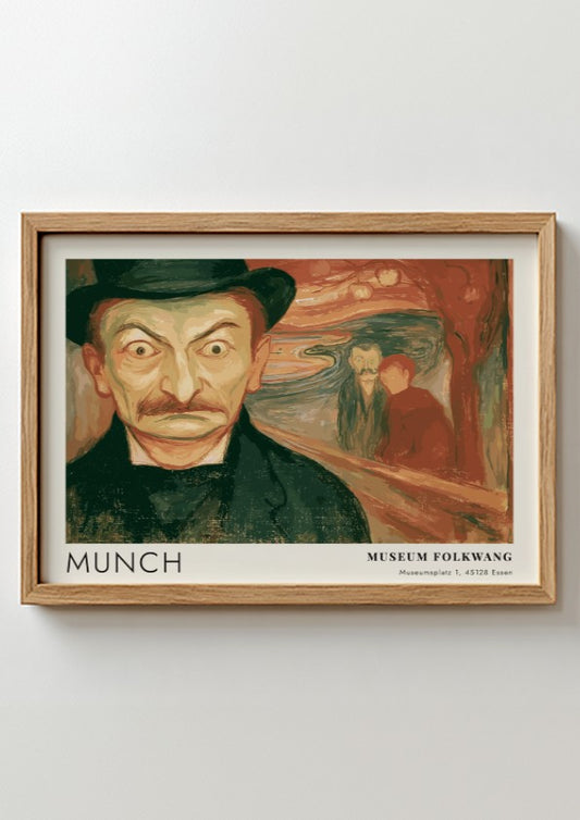 Exhibition poster featuring a wide-eyed man by Munch in a wooden frame display.