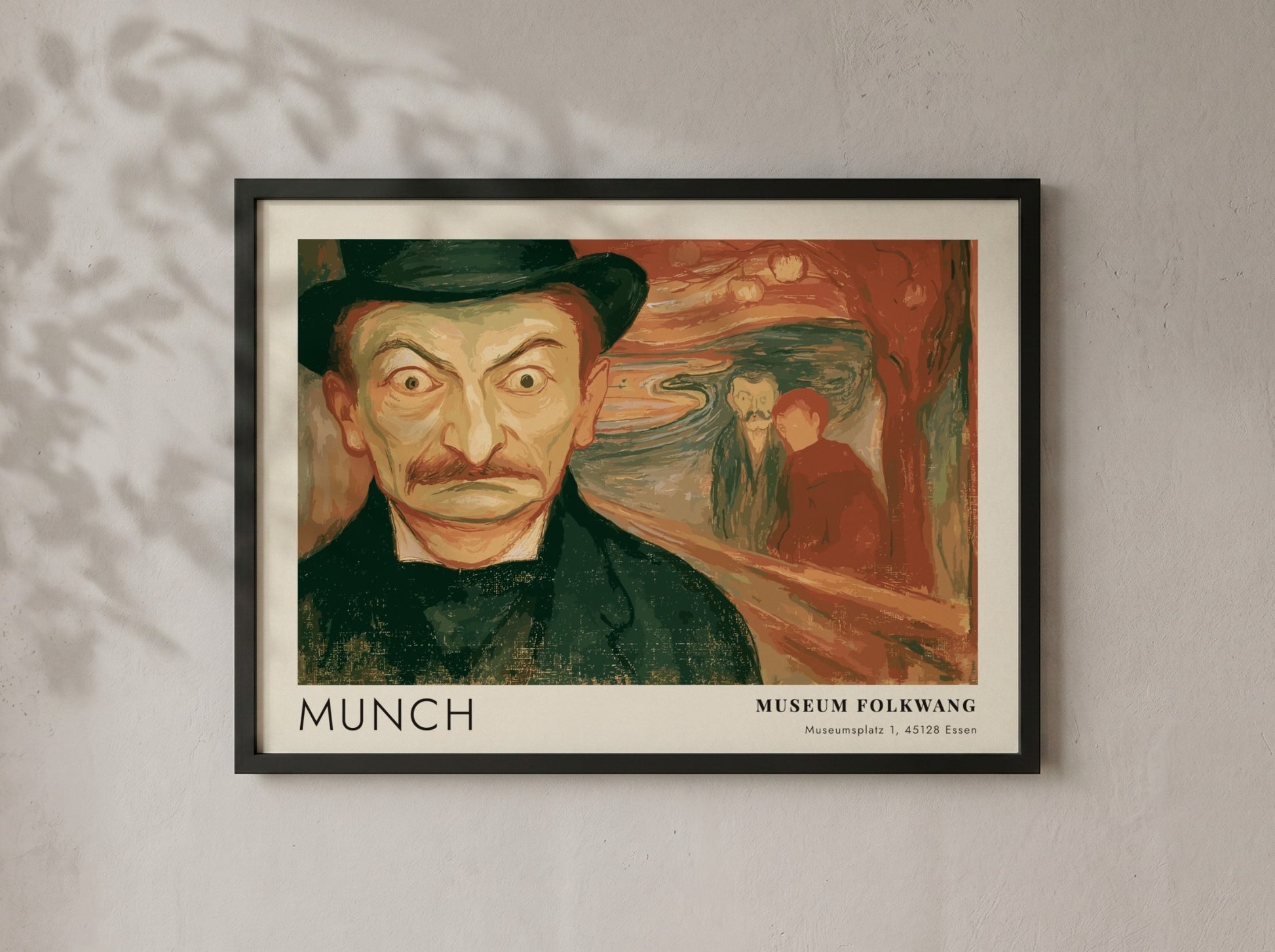 Exhibition poster featuring a wide-eyed man by Munch in a wooden frame display.