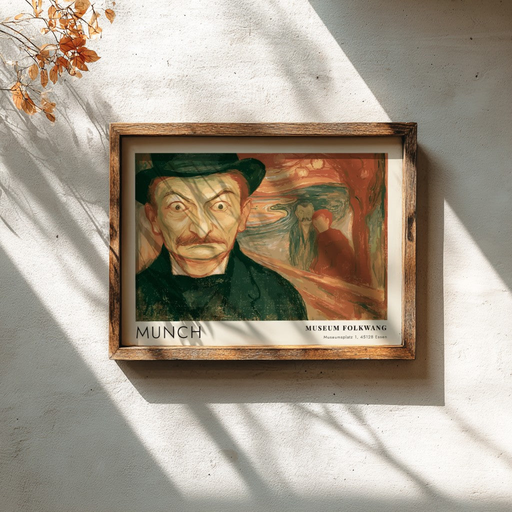 Exhibition poster featuring a wide-eyed man by Munch in a wooden frame display.