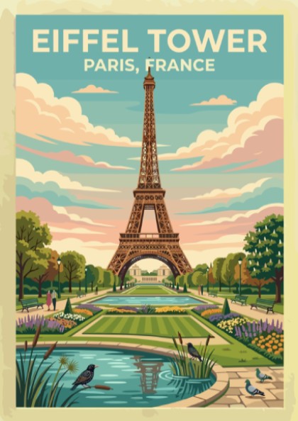 Eiffel Tower travel poster featuring vintage style, pastel colors, and lush gardens in Paris