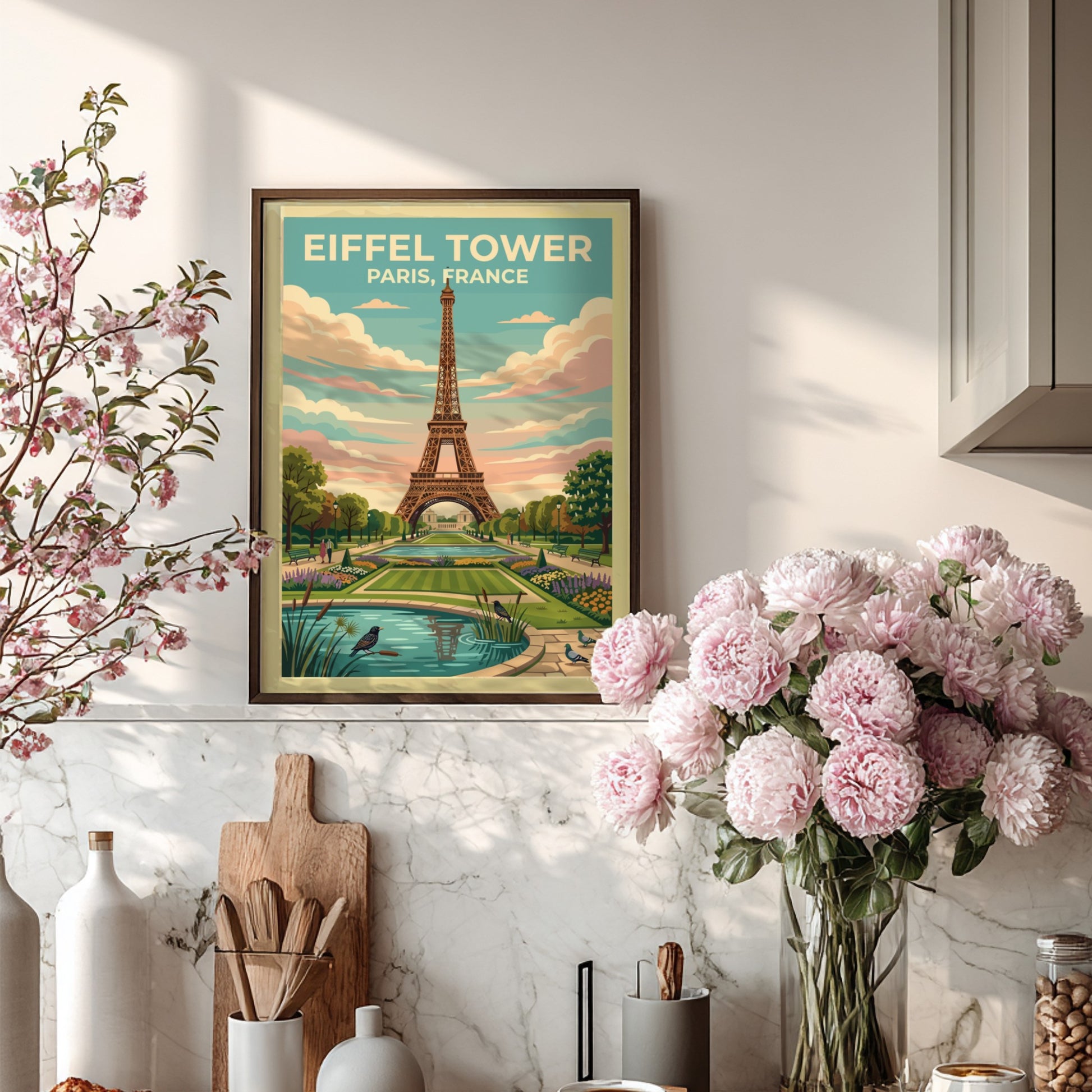 Eiffel Tower travel poster featuring vintage style, pastel colors, and lush gardens in Paris