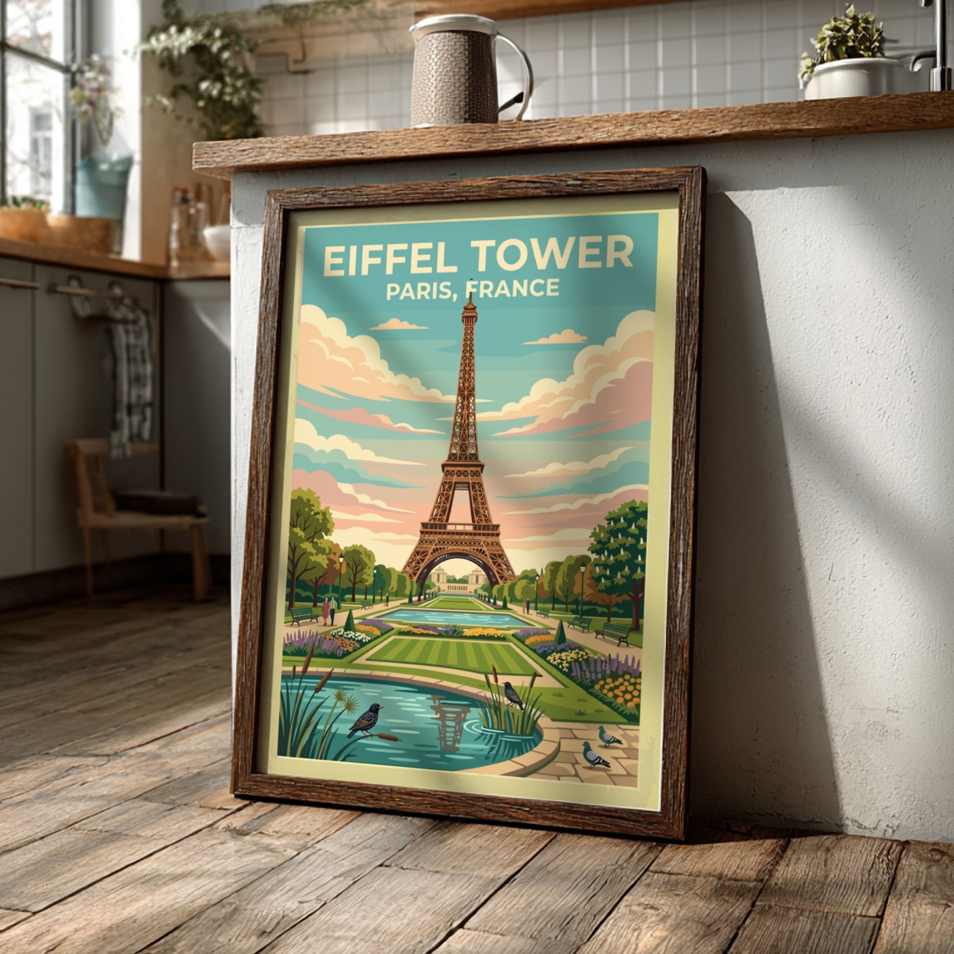 Eiffel Tower travel poster featuring vintage style, pastel colors, and lush gardens in Paris