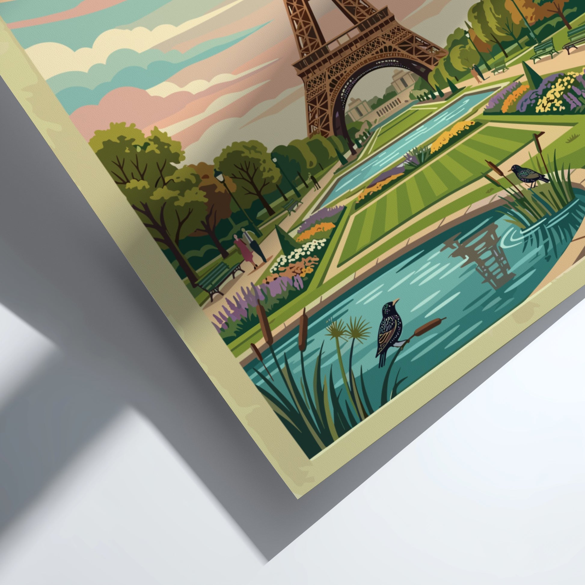 Eiffel Tower travel poster featuring vintage style, pastel colors, and lush gardens in Paris