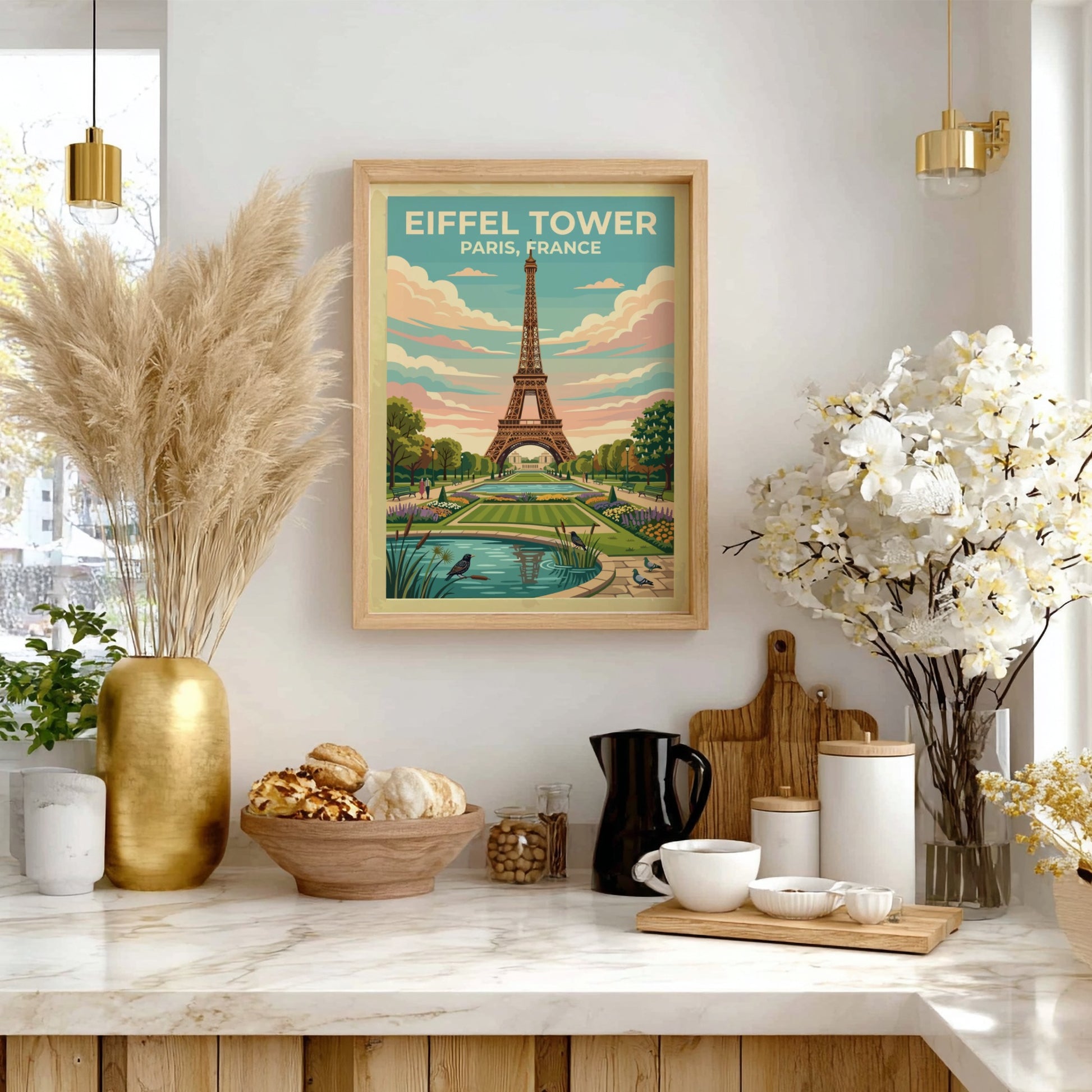 Eiffel Tower travel poster featuring vintage style, pastel colors, and lush gardens in Paris