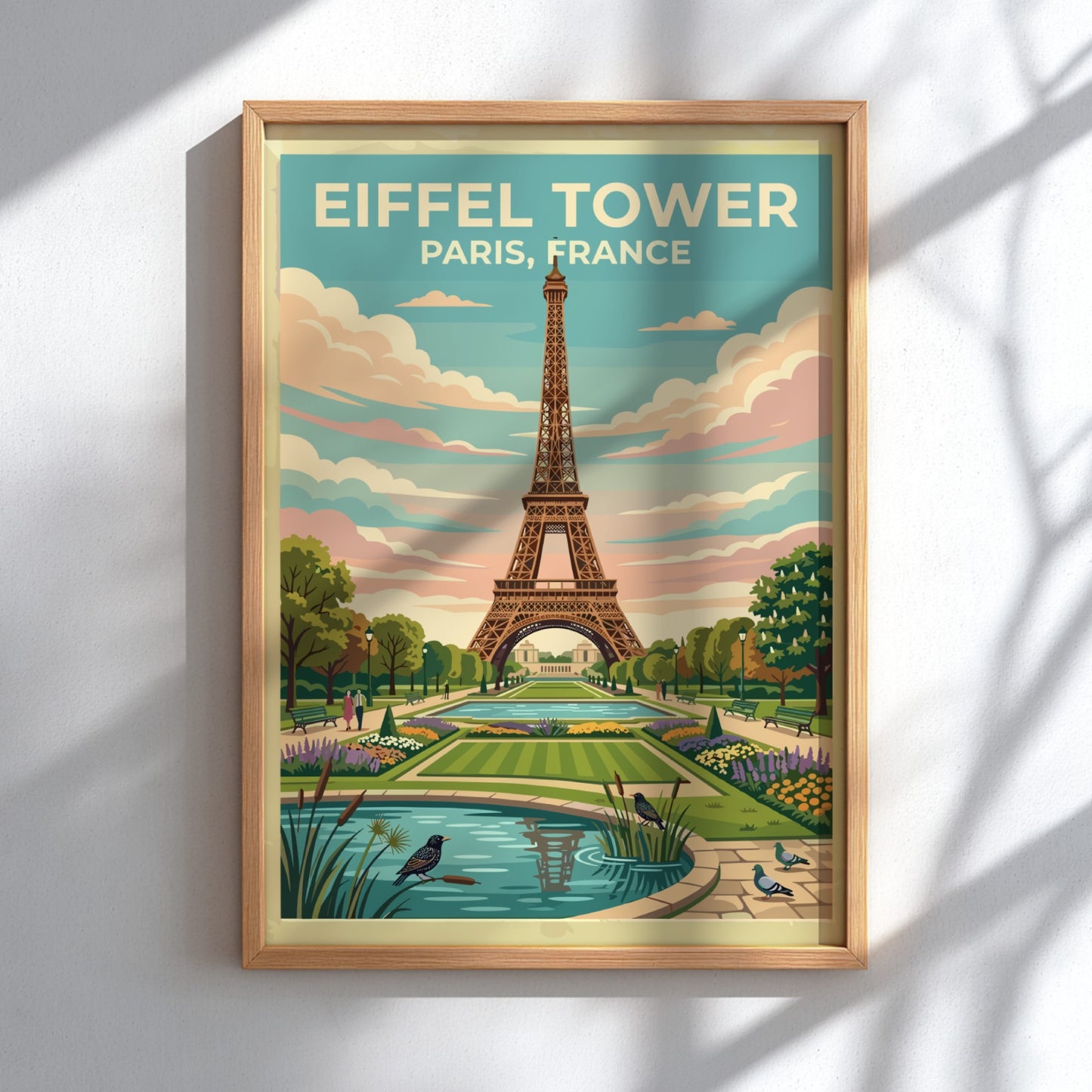 Eiffel Tower travel poster featuring vintage style, pastel colors, and lush gardens in Paris