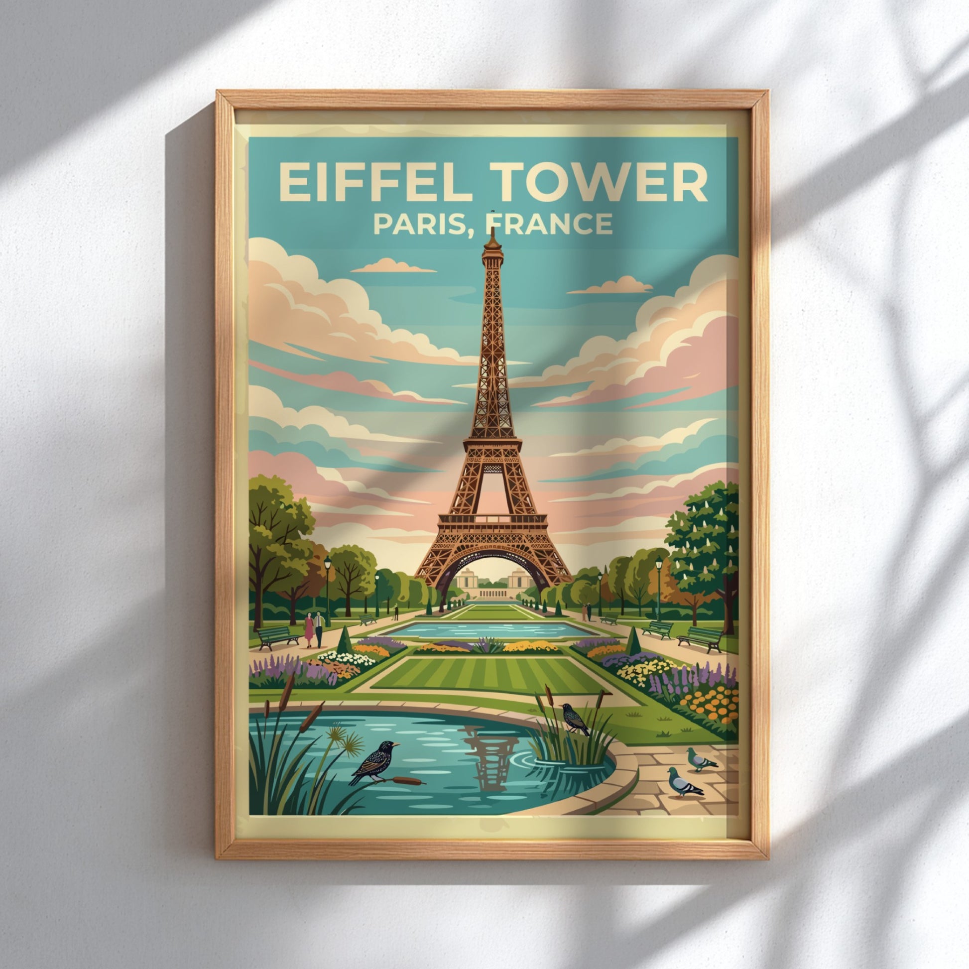 Eiffel Tower travel poster featuring vintage style, pastel colors, and lush gardens in Paris