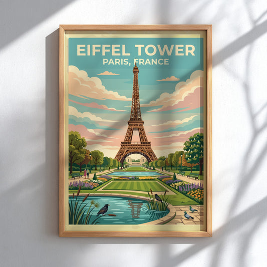 Eiffel Tower travel poster featuring vintage style, pastel colors, and lush gardens in Paris