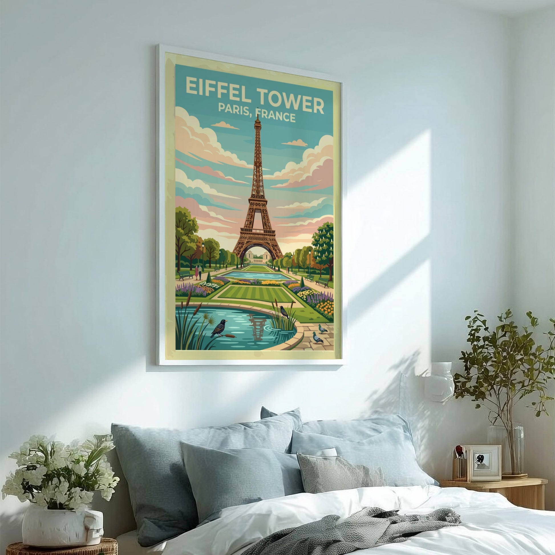 Eiffel Tower travel poster featuring vintage style, pastel colors, and lush gardens in Paris